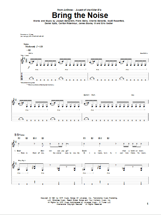 Download Anthrax Bring The Noise Sheet Music and learn how to play Guitar Tab PDF digital score in minutes