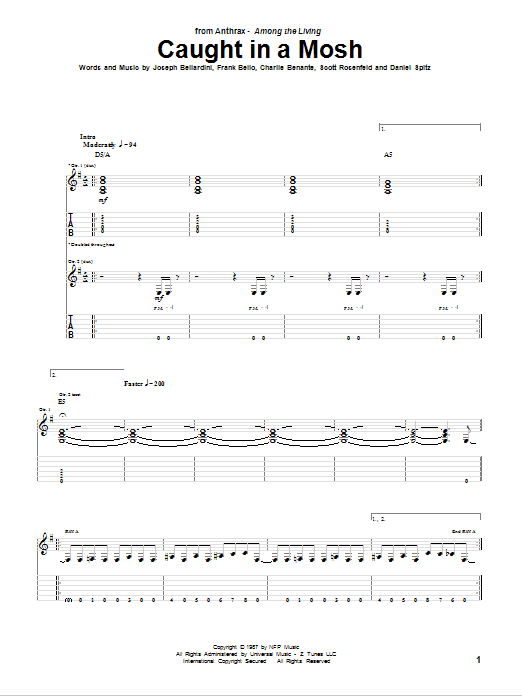 Download Anthrax Caught In A Mosh Sheet Music and learn how to play Guitar Tab PDF digital score in minutes