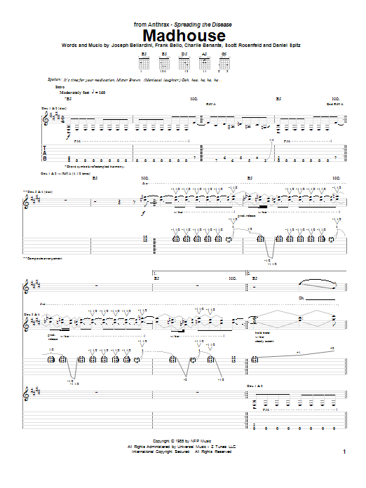 Download Anthrax Madhouse Sheet Music and learn how to play Guitar Tab PDF digital score in minutes