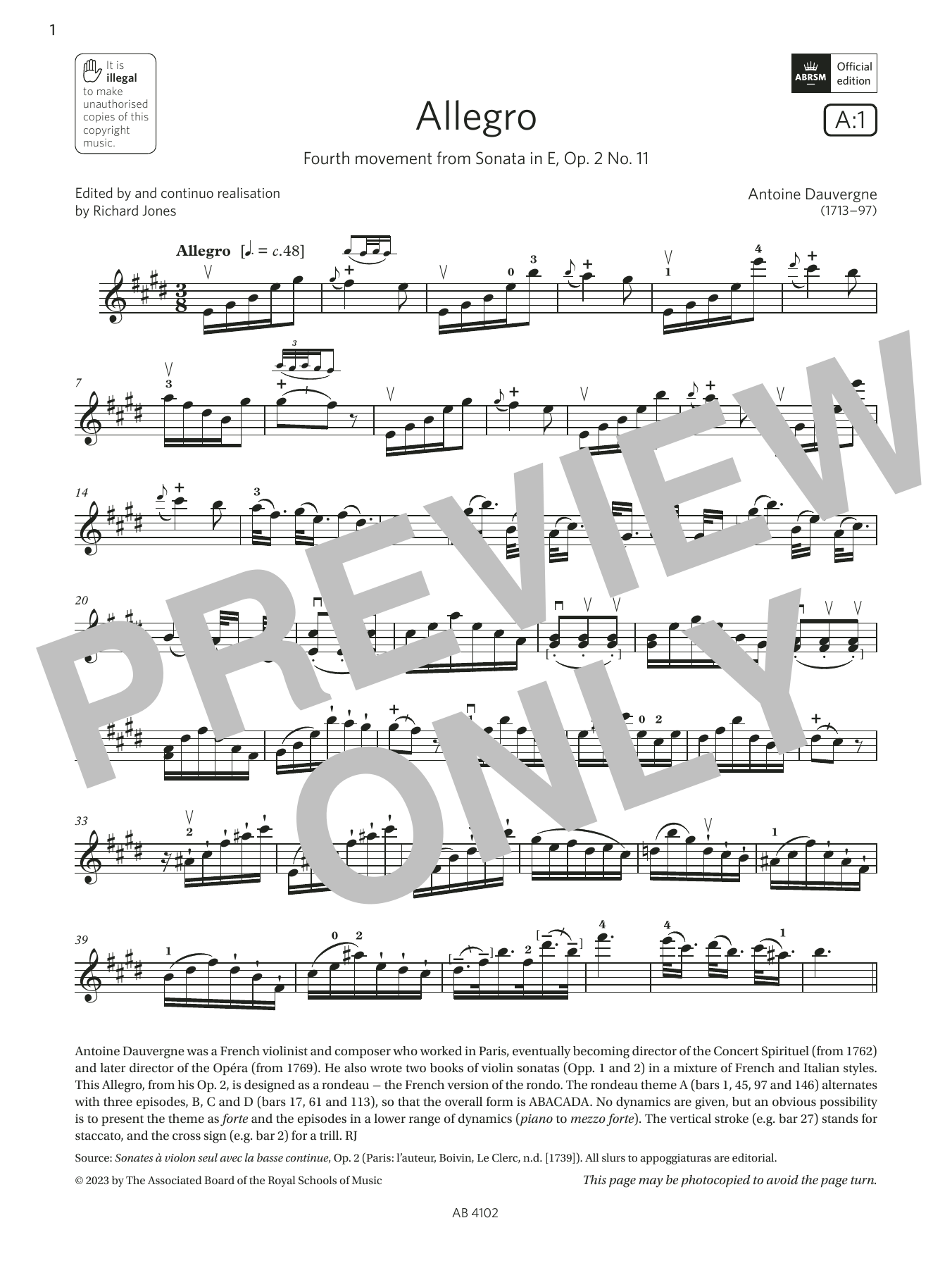 Download Antoine Dauvergne Allegro (Grade 8, A1, from the ABRSM Violin Syllabus from 2024) Sheet Music and learn how to play Violin Solo PDF digital score in minutes