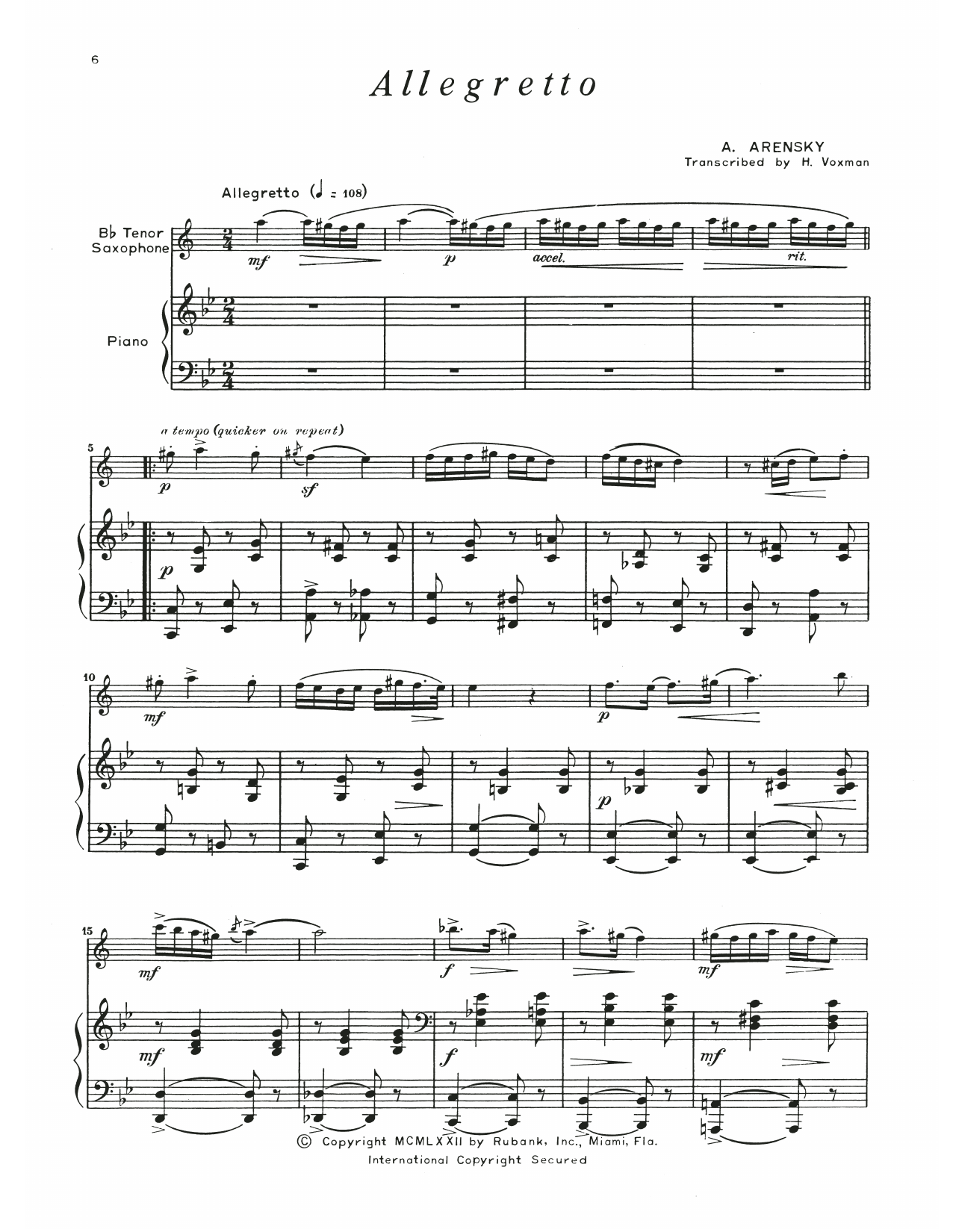 Download Anton Arensky Allegretto Sheet Music and learn how to play Tenor Sax and Piano PDF digital score in minutes