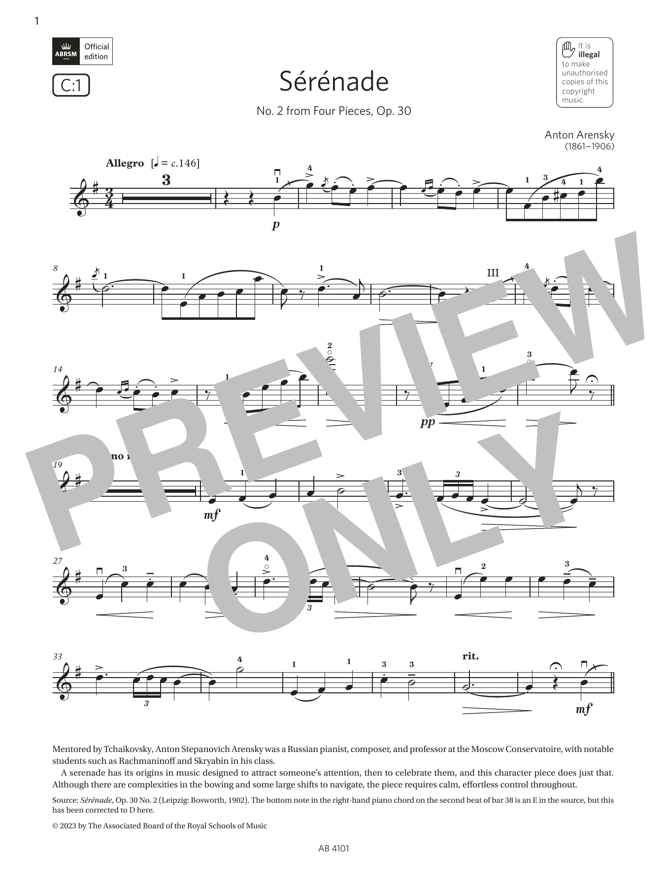 Download Anton Arensky Sérénade (Grade 7, C1, from the ABRSM Violin Syllabus from 2024) Sheet Music and learn how to play Violin Solo PDF digital score in minutes