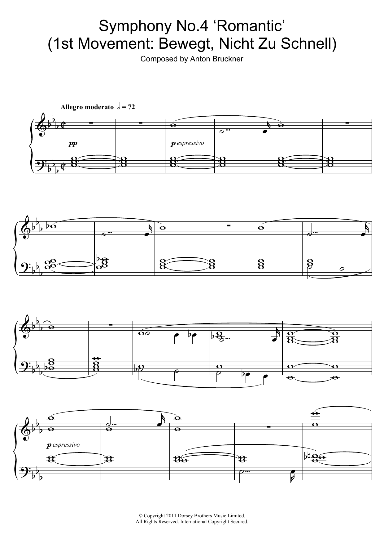 Download Anton Bruckner Symphony No.4 ‘Romantic' (1st Movement: Bewegt, Nicht Zu Schnell) Sheet Music and learn how to play Piano PDF digital score in minutes