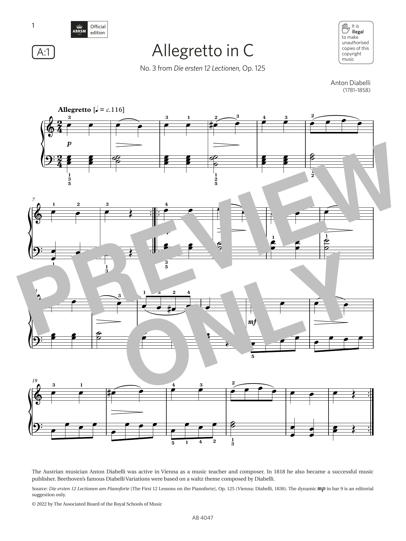 Download Anton Diabelli Allegretto in C (Grade 1, list A1, from the ABRSM Piano Syllabus 2023 & 2024) Sheet Music and learn how to play Piano Solo PDF digital score in minutes