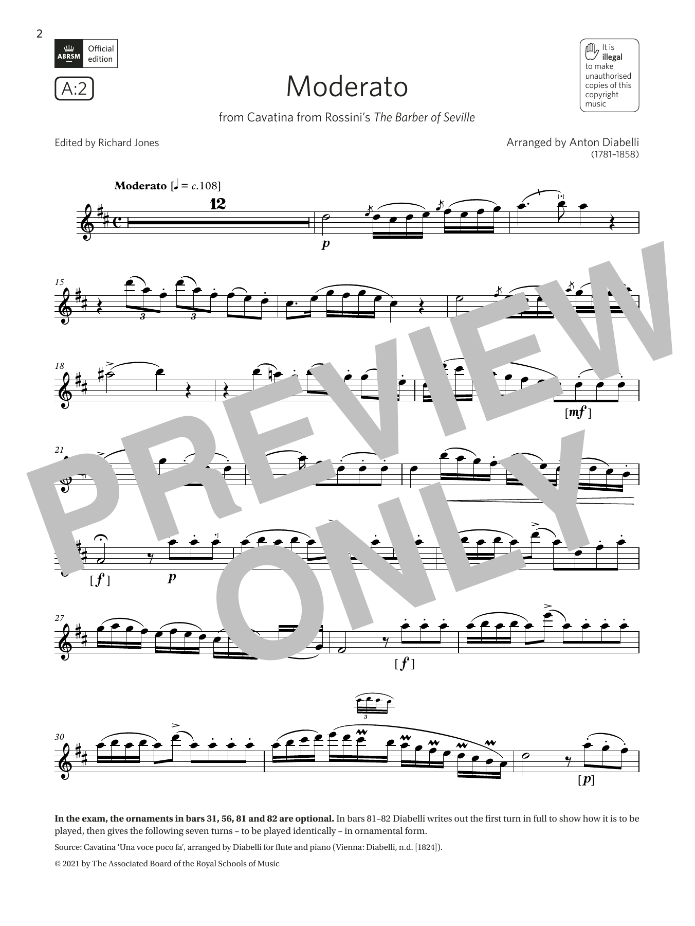 Download Anton Diabelli Moderato (from Rossini's The Barber of Seville)(Grade 7 A2 from the ABRSM Flute Sheet Music and learn how to play Flute Solo PDF digital score in minutes