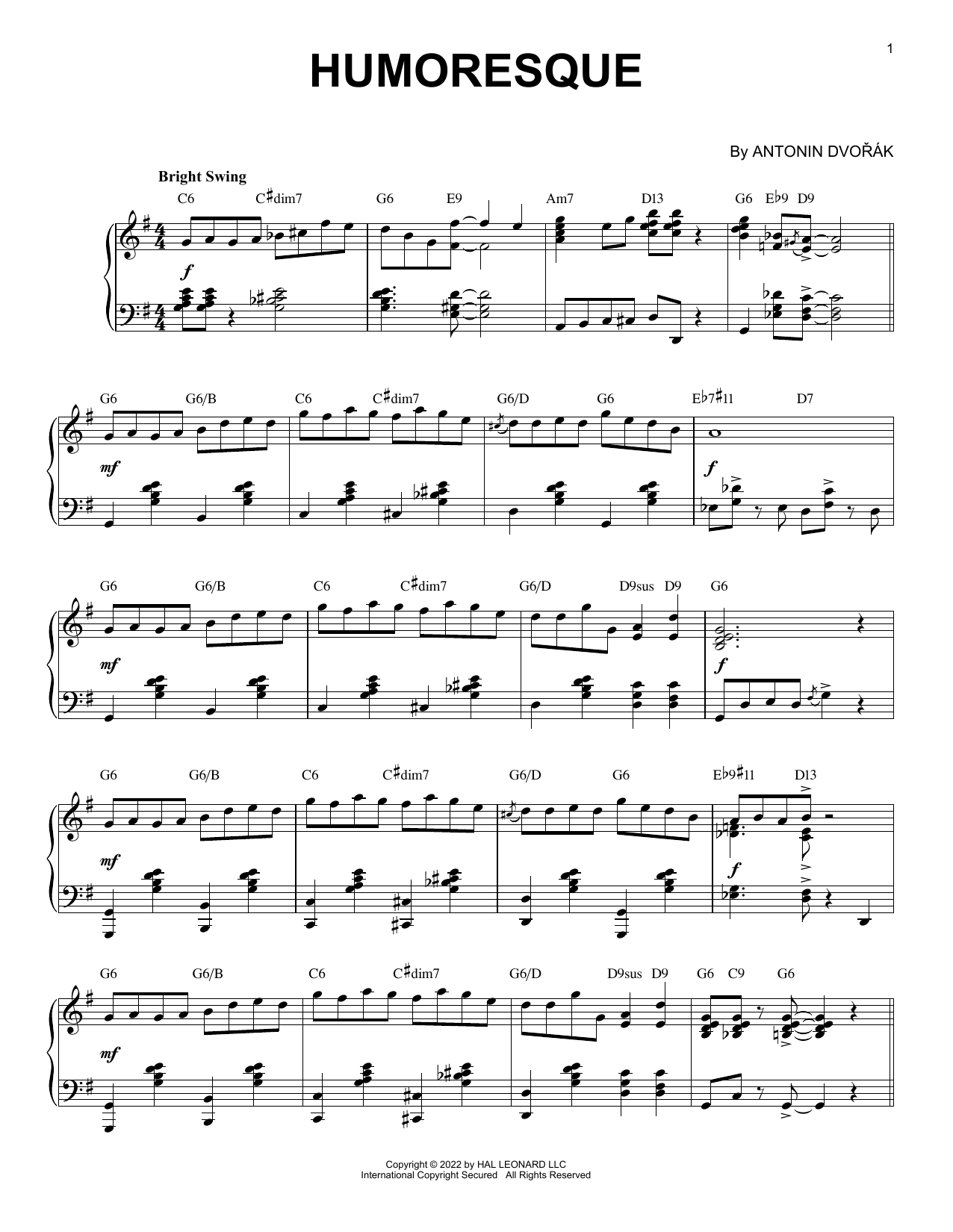 Download Anton Dvorak Humoresque [Jazz version] (arr. Brent Edstrom) Sheet Music and learn how to play Piano Solo PDF digital score in minutes