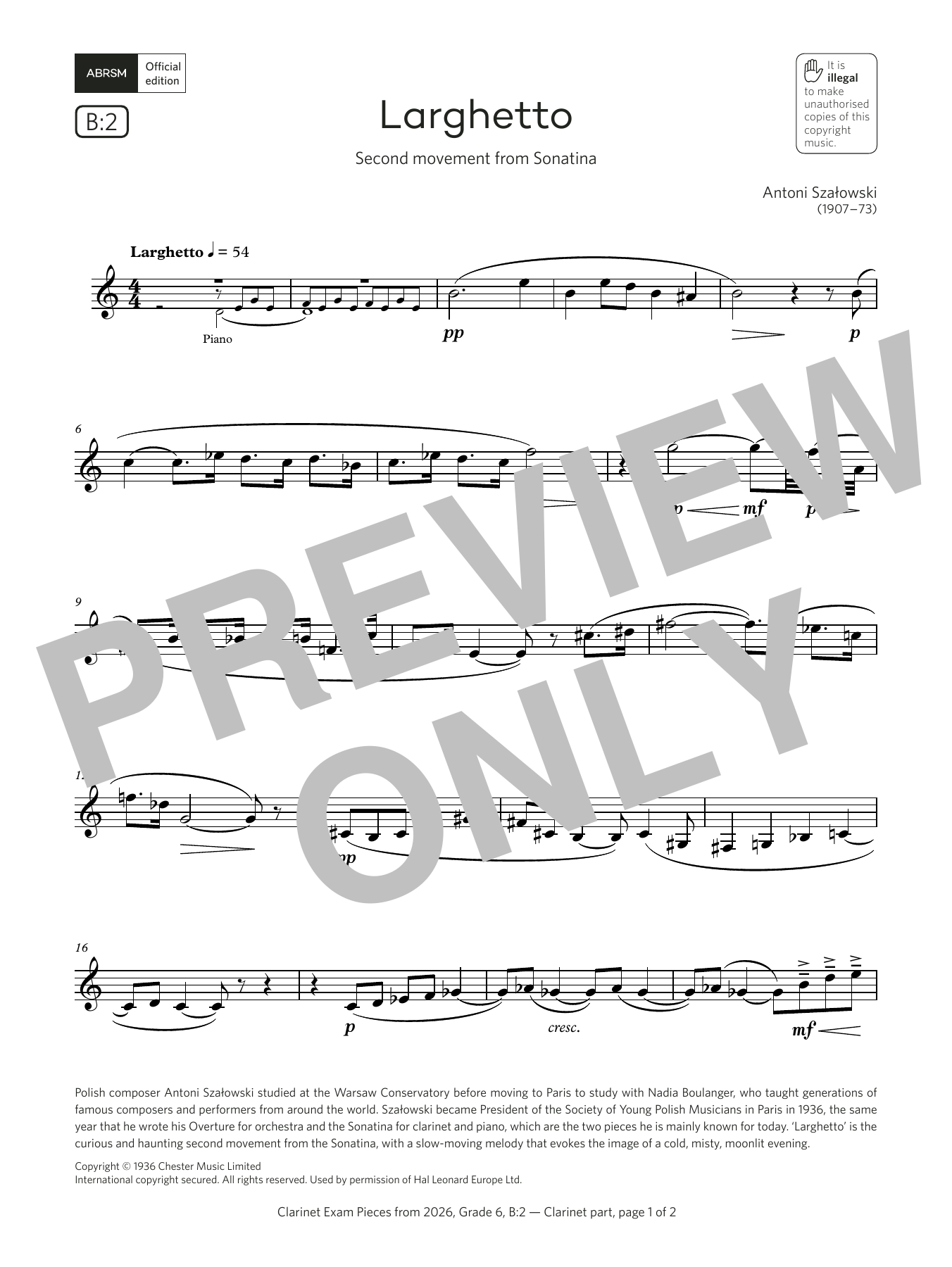 Download Antoni Szalowski Larghetto (Grade 6, list B2, from the ABRSM Clarinet Syllabus from 2026) Sheet Music and learn how to play Clarinet Solo PDF digital score in minutes