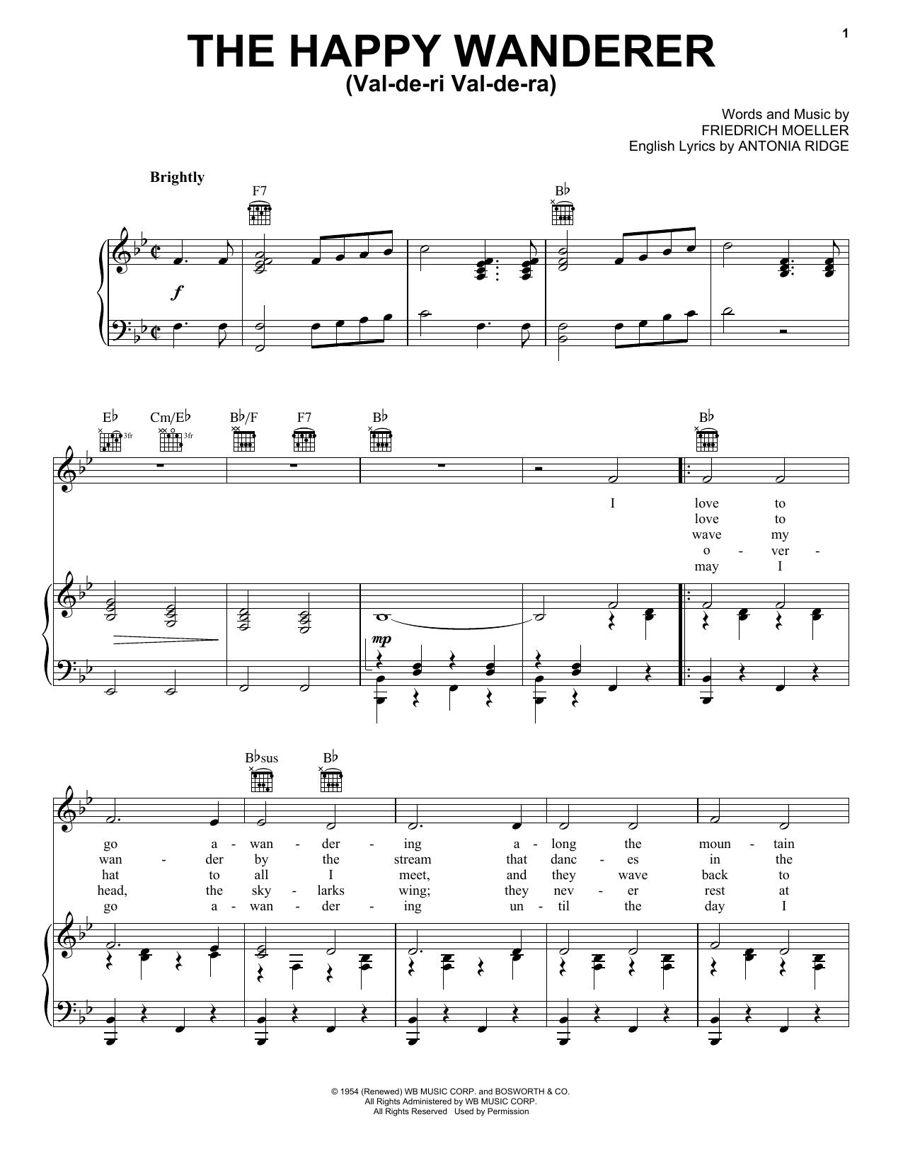 Download Friedrich W. Moller The Happy Wanderer (Val-De-Ri, Val-De-Ra) Sheet Music and learn how to play Piano, Vocal & Guitar (Right-Hand Melody) PDF digital score in minutes