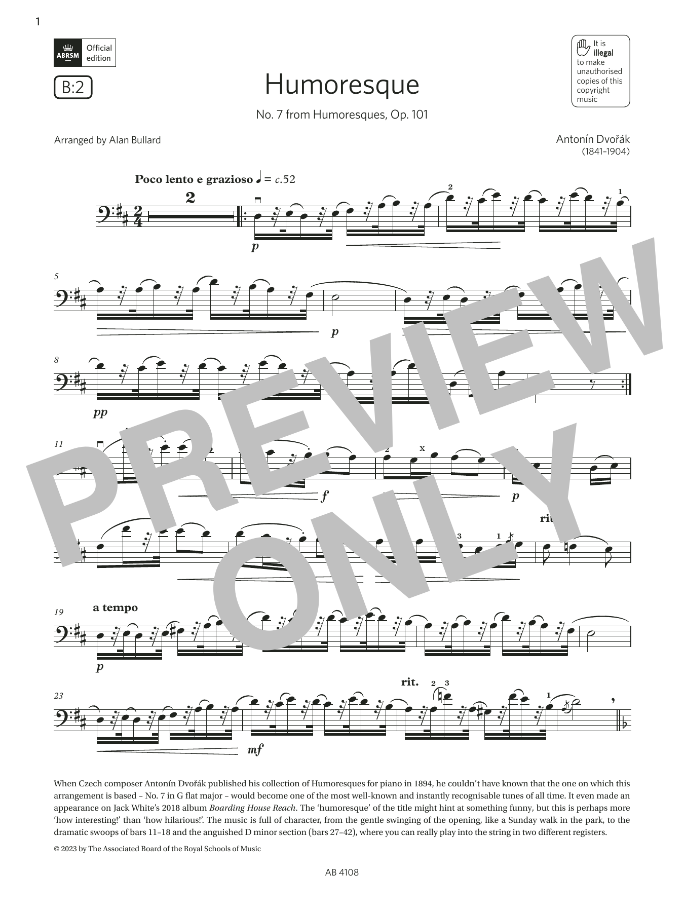 Download Antonín Dvořák Humoresque (Grade 5, B2, from the ABRSM Cello Syllabus from 2024) Sheet Music and learn how to play Cello Solo PDF digital score in minutes