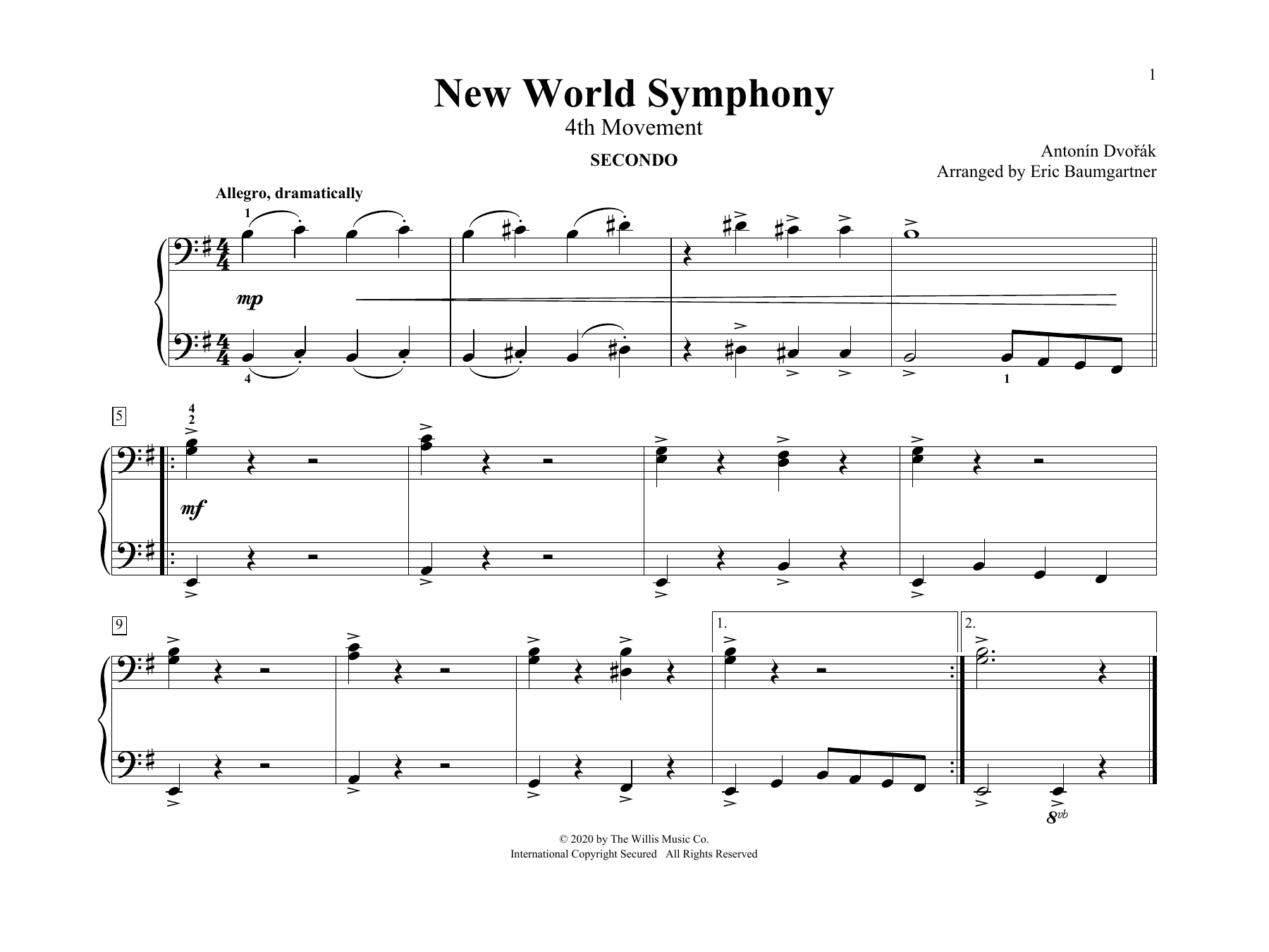 Download Antonín Dvoøák New World Symphony (4th Movement) (arr. Eric Baumgartner) Sheet Music and learn how to play Piano Duet PDF digital score in minutes