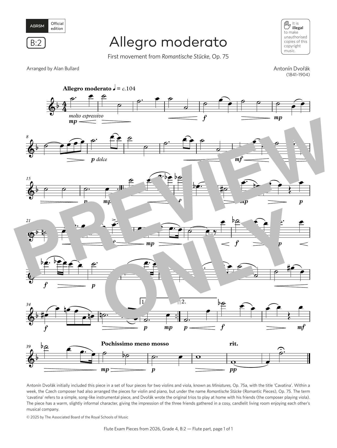Download Antonín Dvorák Allegro moderato (Grade 4, list B2, from the ABRSM Flute Syllabus from 2026) Sheet Music and learn how to play Flute Solo PDF digital score in minutes