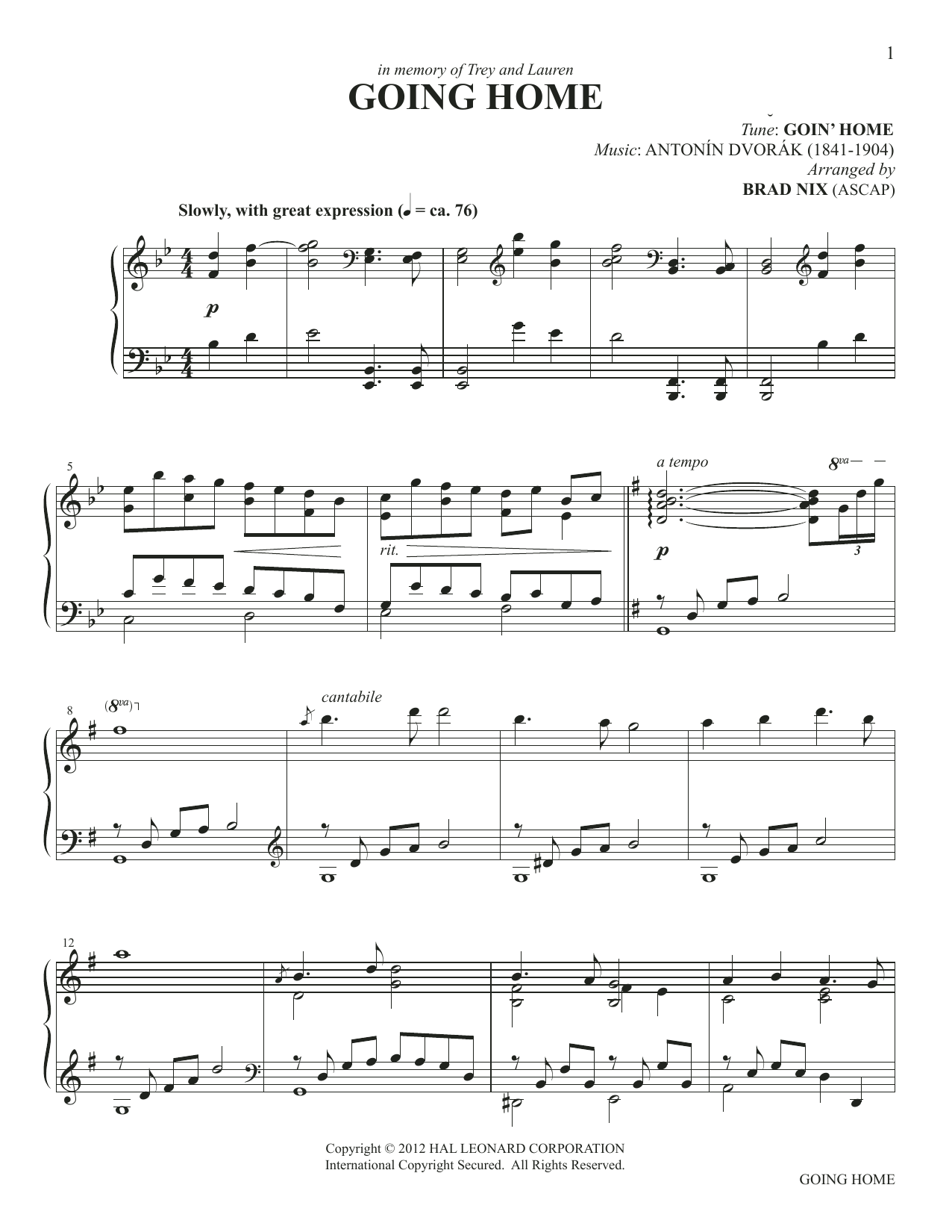 Download Antonin Dvorak Going Home (arr. Brad Nix) Sheet Music and learn how to play Piano Solo PDF digital score in minutes