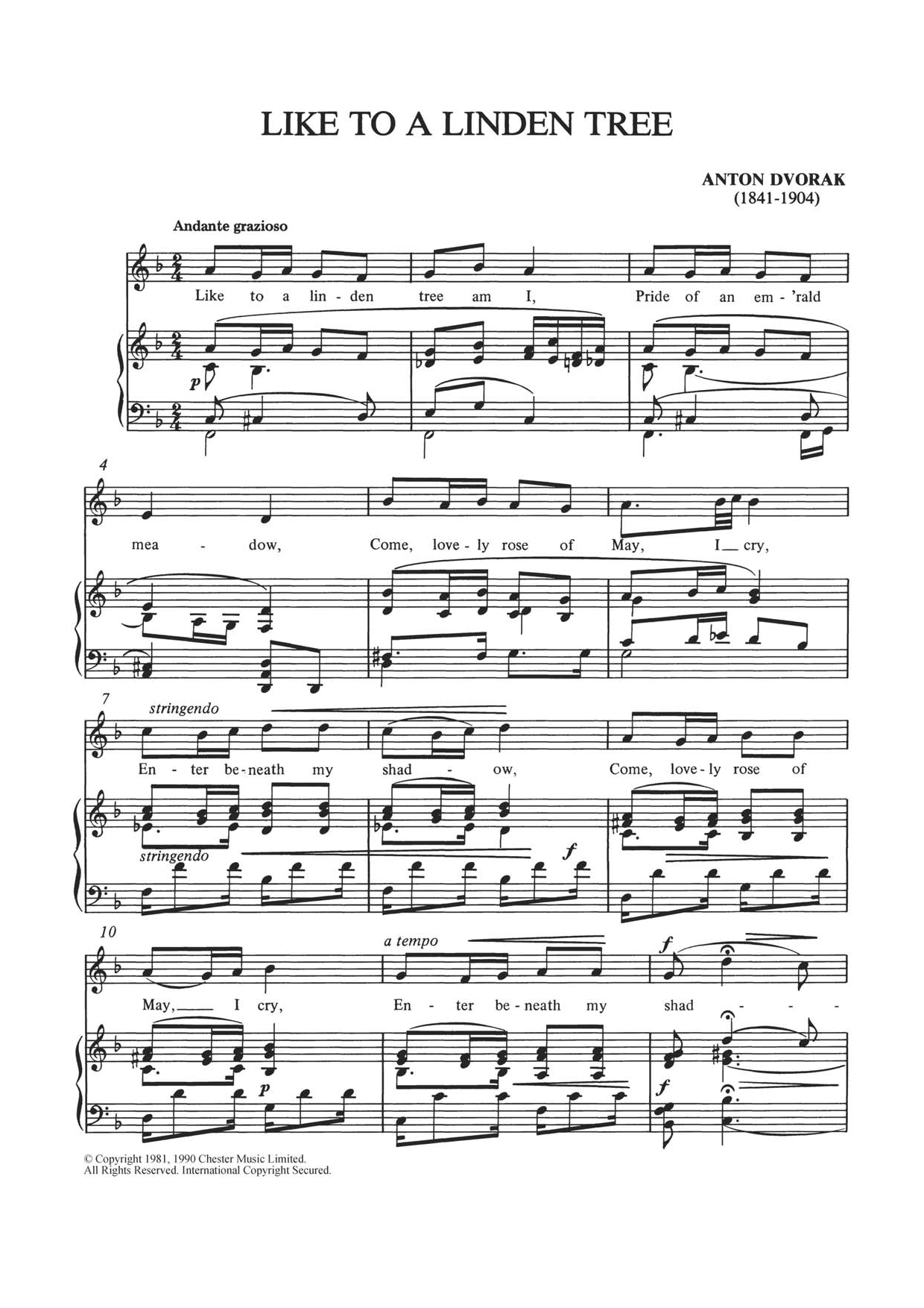 Download Antonin Dvorak Like To A Linden Tree Sheet Music and learn how to play Piano & Vocal PDF digital score in minutes