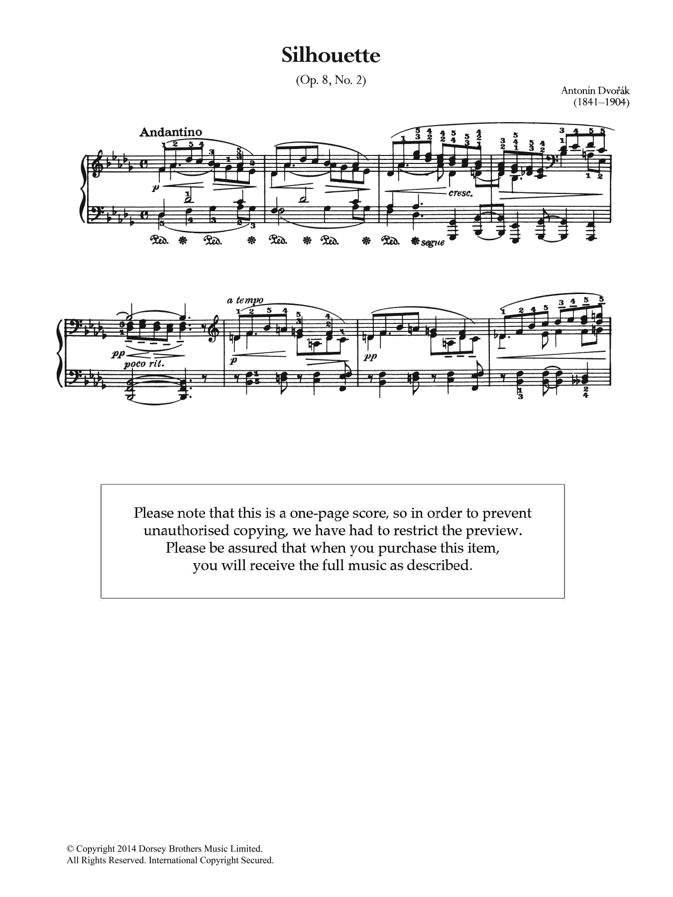 Download Antonin Dvorak Silhouette, Op.8 No.2 Sheet Music and learn how to play Piano PDF digital score in minutes