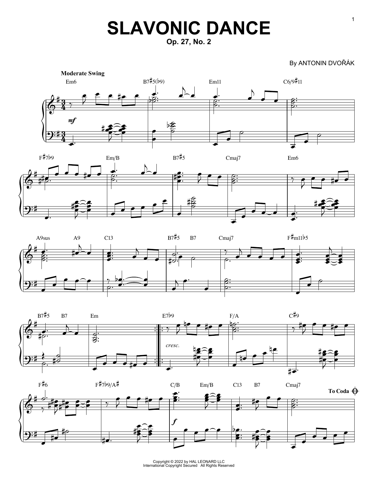 Download Antonin Dvorak Slavonic Dance #2 [Jazz version] (arr. Brent Edstrom) Sheet Music and learn how to play Piano Solo PDF digital score in minutes