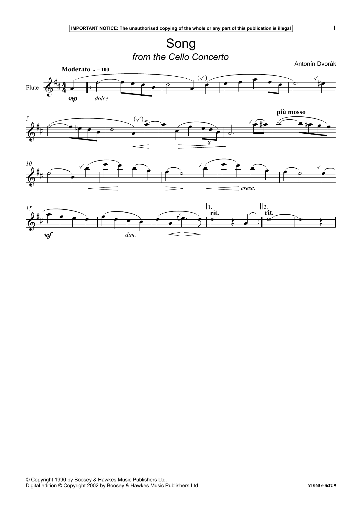 Download Antonín Dvorák Song (from The Cello Concerto) Sheet Music and learn how to play Instrumental Solo PDF digital score in minutes