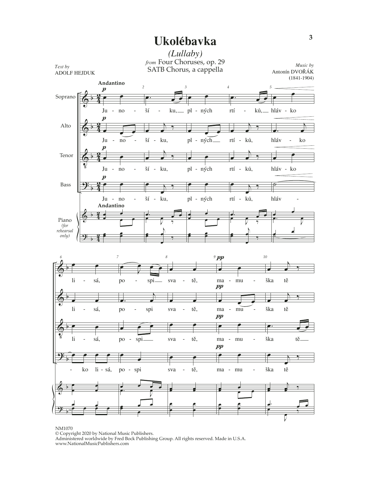 Download Antonin Dvorák Ukolebavka (Lullaby) Sheet Music and learn how to play SATB Choir PDF digital score in minutes