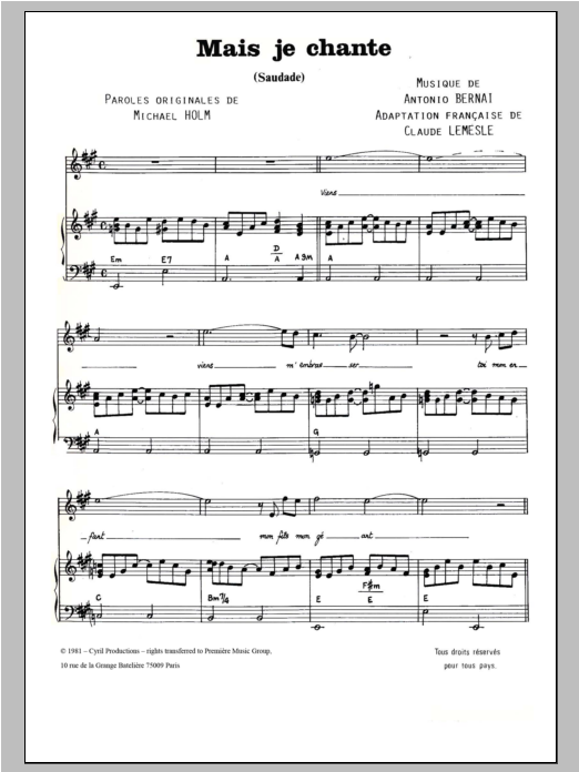 Download Antonio Bernai Mais Je Chante (Saudade) Sheet Music and learn how to play Piano & Vocal PDF digital score in minutes