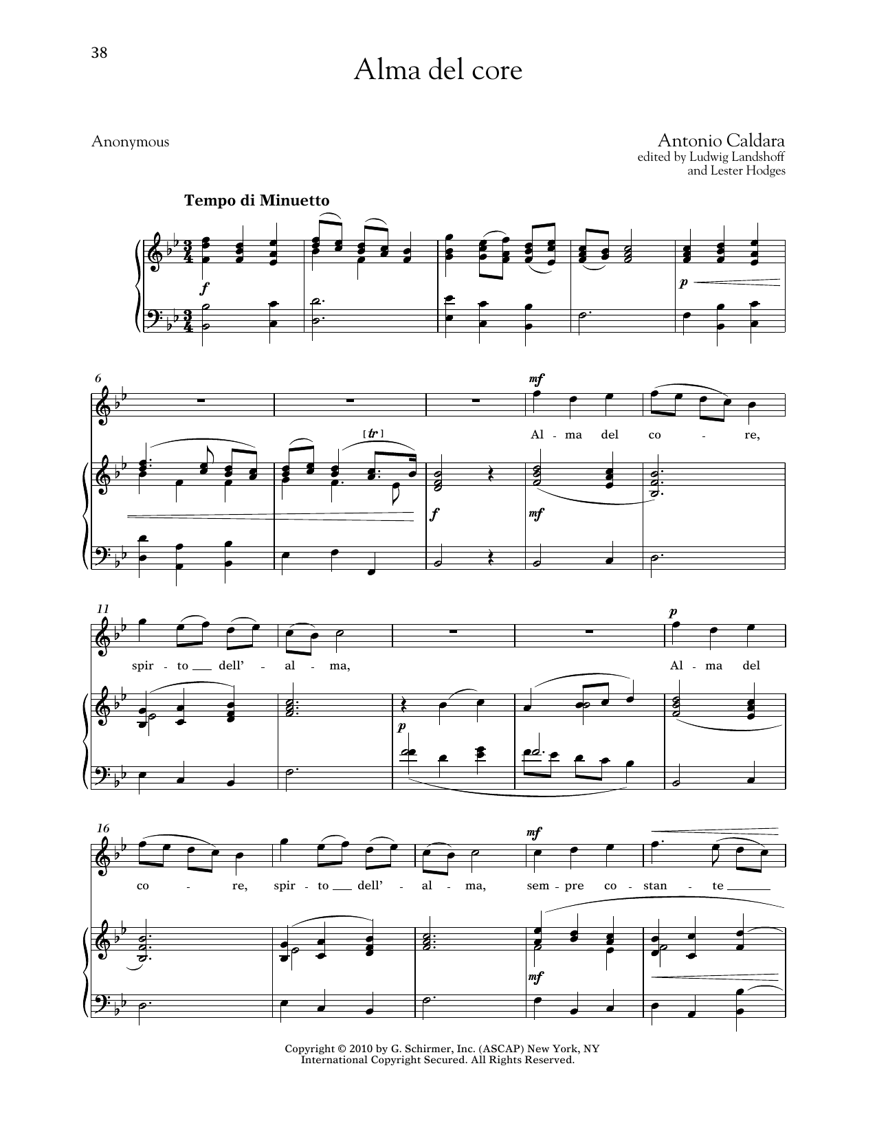 Download Antonio Caldara Alma Del Core (High Voice) Sheet Music and learn how to play Piano & Vocal PDF digital score in minutes