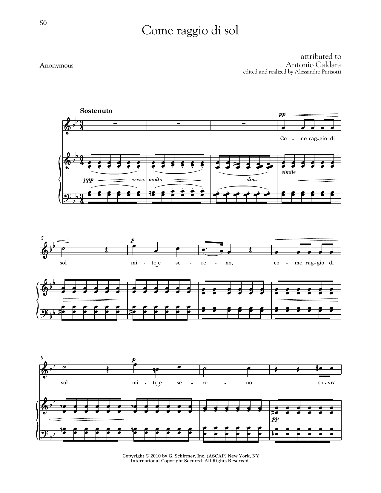 Download Antonio Caldara Come Raggio Di Sol (High Voice) Sheet Music and learn how to play Piano & Vocal PDF digital score in minutes