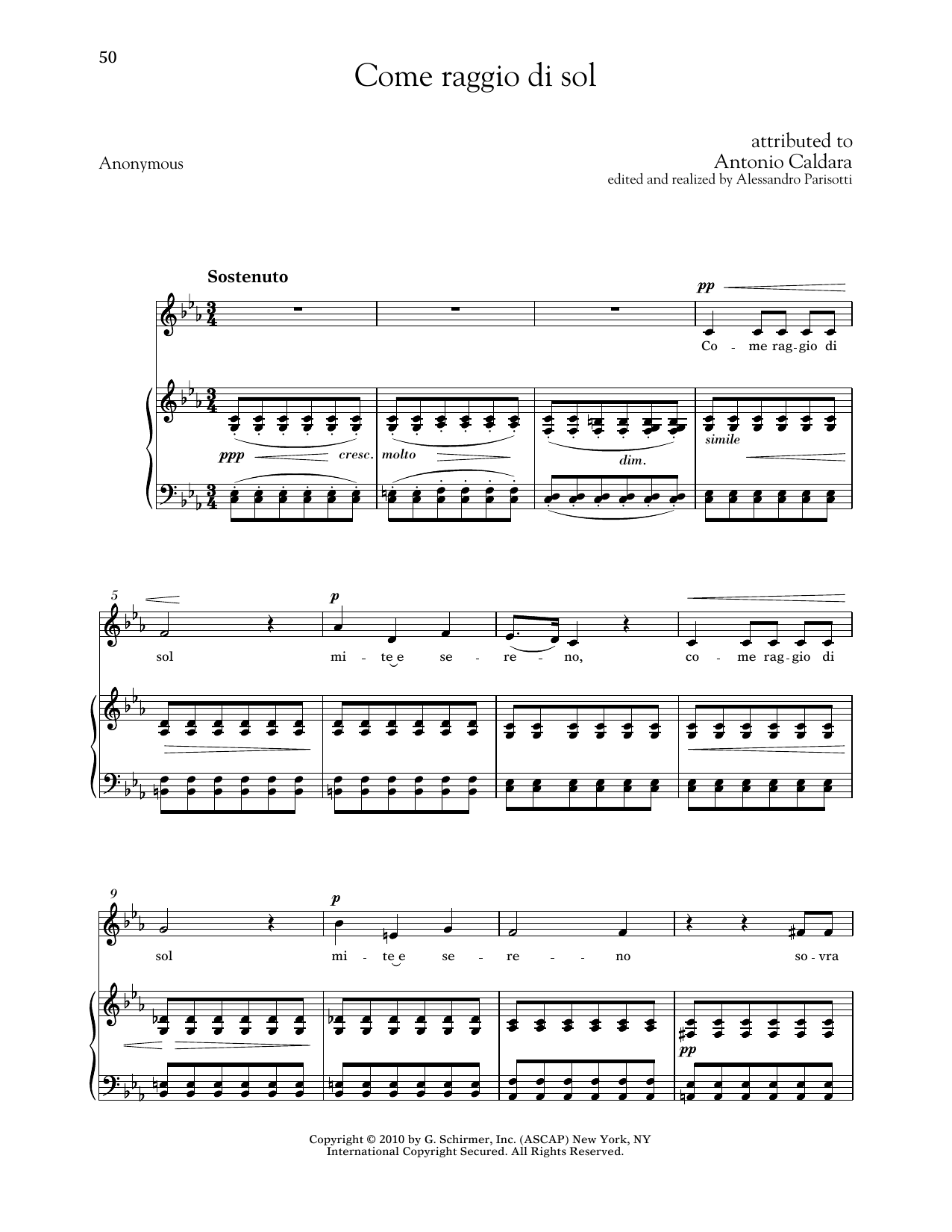 Download Antonio Caldara Come Raggio Di Sol (Low Voice) Sheet Music and learn how to play Piano & Vocal PDF digital score in minutes