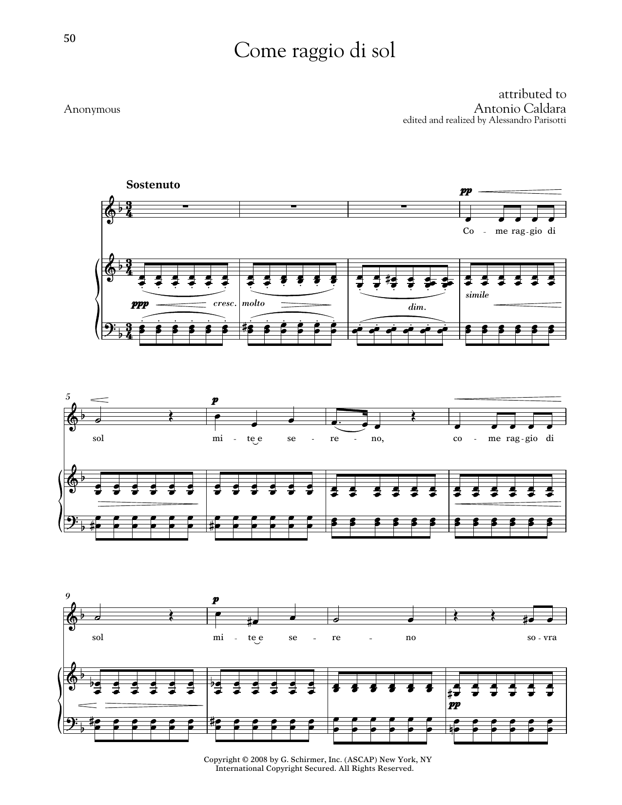 Download Antonio Caldara Come Raggio Di Sol (Medium Low Voice) Sheet Music and learn how to play Piano & Vocal PDF digital score in minutes