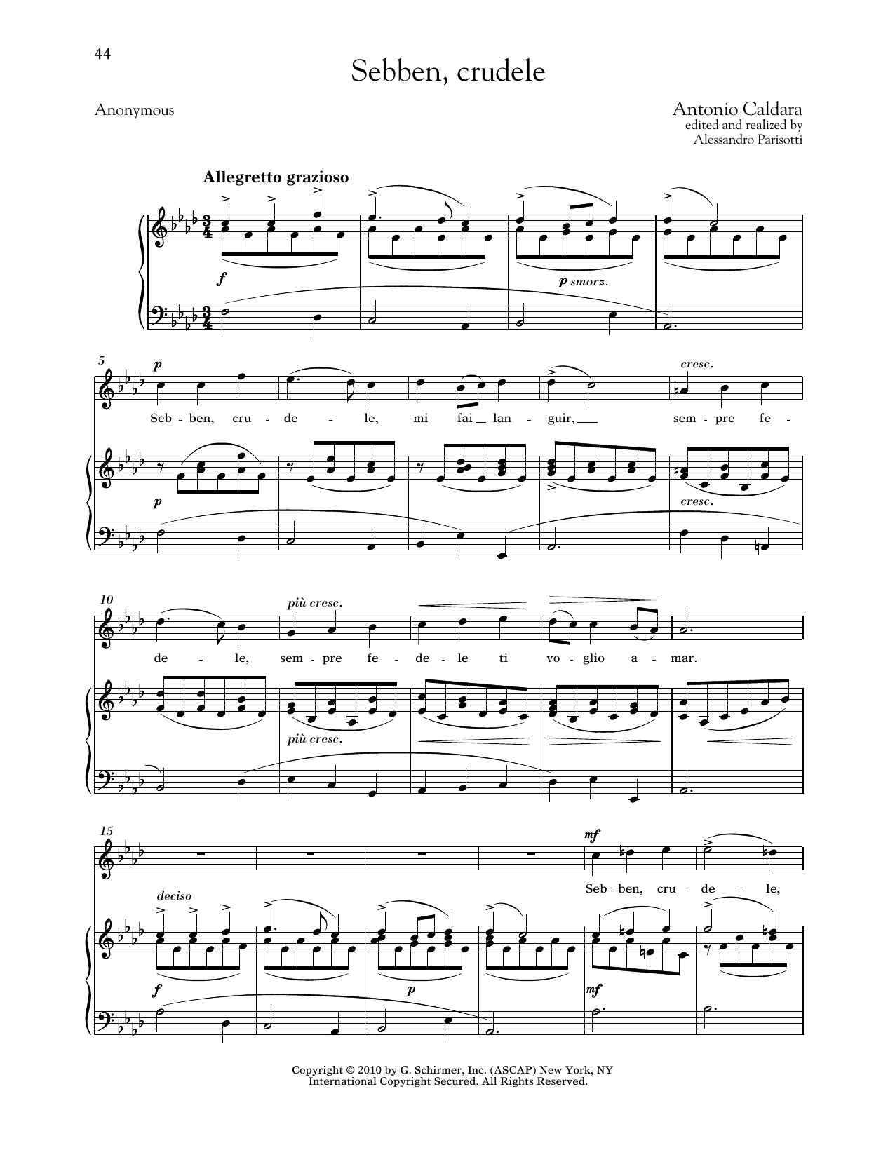 Download Antonio Caldara Sebben, Crudele (High Voice) Sheet Music and learn how to play Piano & Vocal PDF digital score in minutes