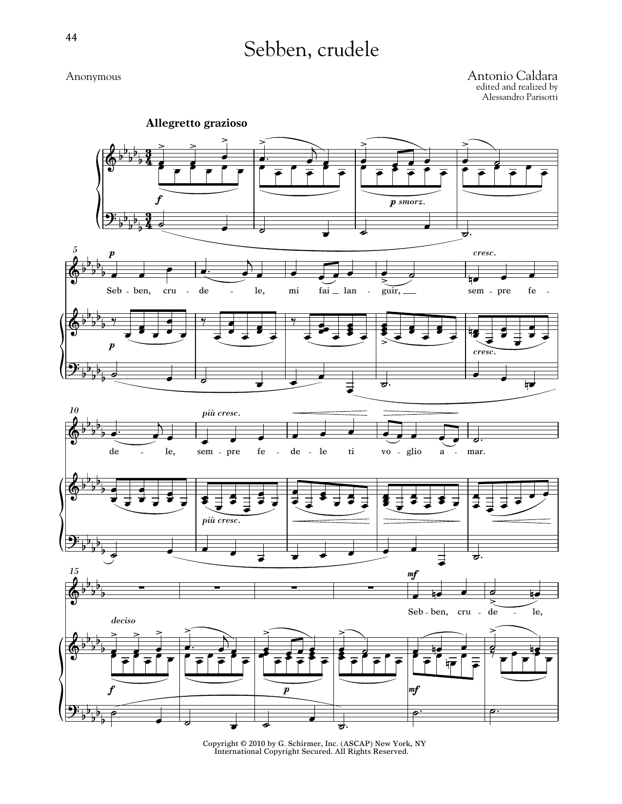 Download Antonio Caldara Sebben, Crudele (Low Voice) Sheet Music and learn how to play Piano & Vocal PDF digital score in minutes