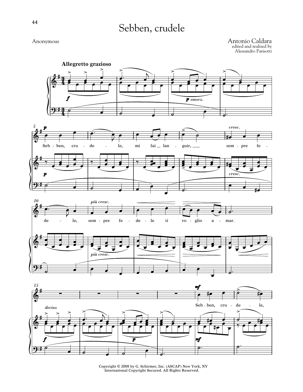 Download Antonio Caldara Sebben, Crudele (Medium High Voice) Sheet Music and learn how to play Piano & Vocal PDF digital score in minutes