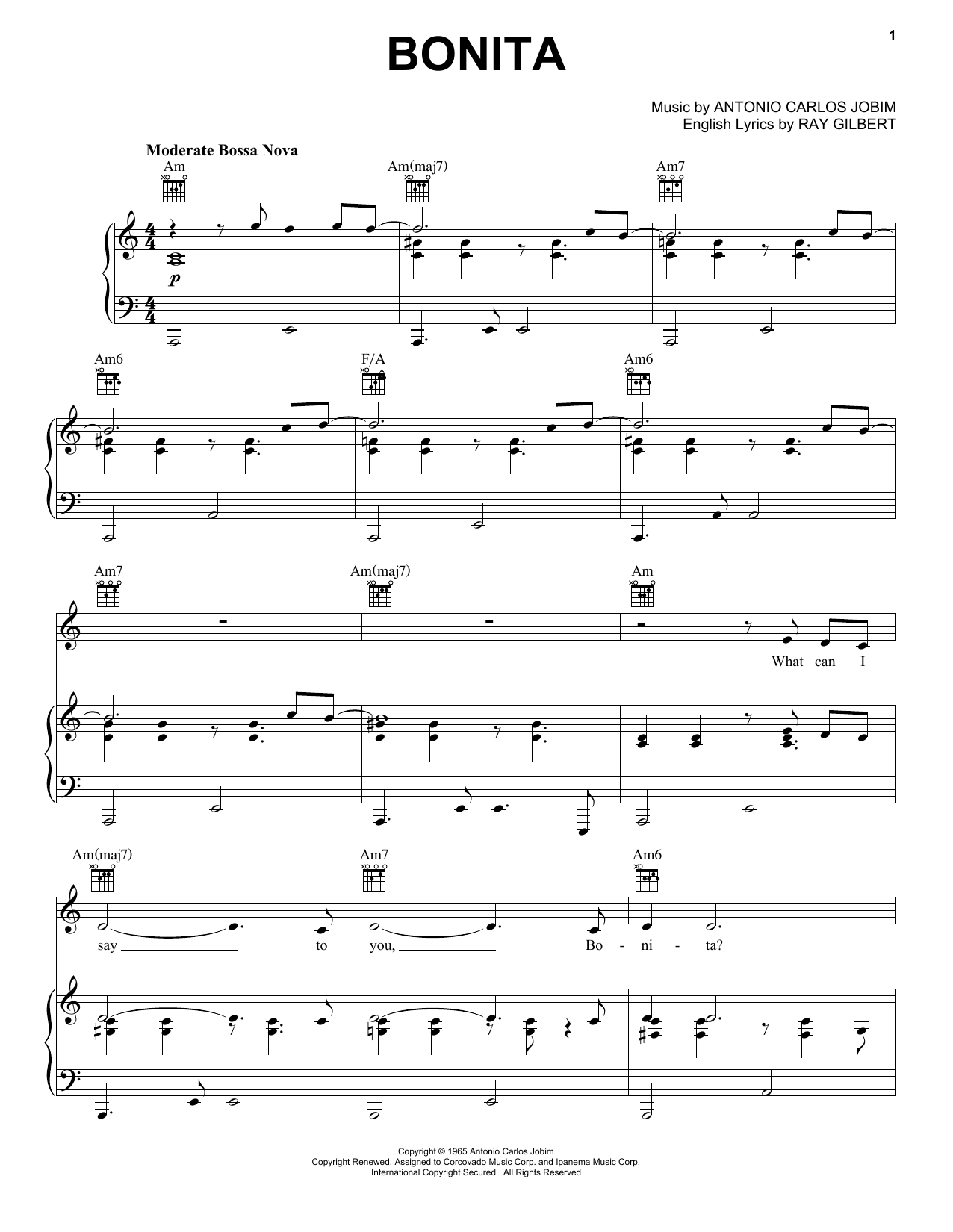 Download Antonio Carlos Jobim Bonita Sheet Music and learn how to play Piano, Vocal & Guitar (Right-Hand Melody) PDF digital score in minutes