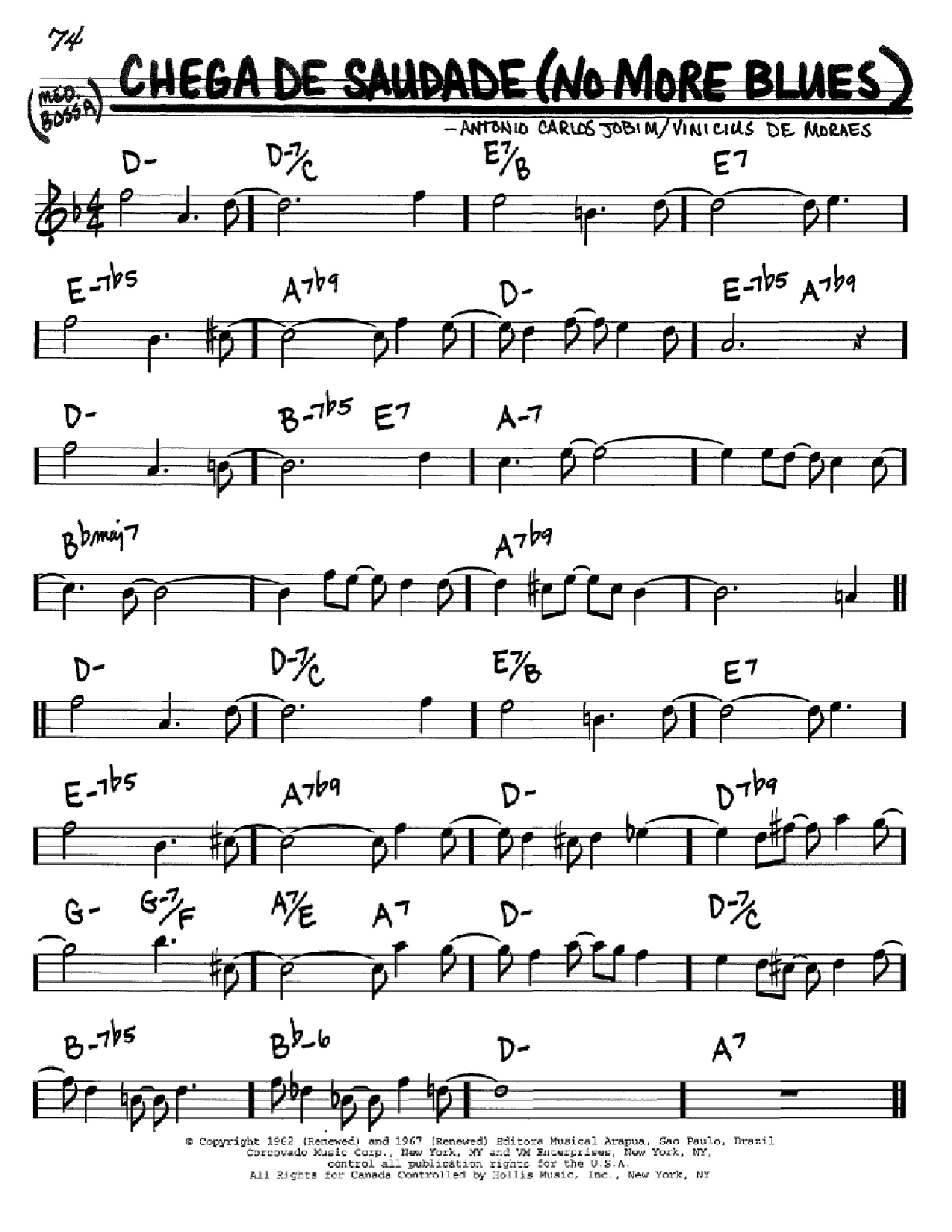 Download Antonio Carlos Jobim Chega De Saudade (No More Blues) Sheet Music and learn how to play Real Book - Melody & Chords - Eb Instruments PDF digital score in minutes