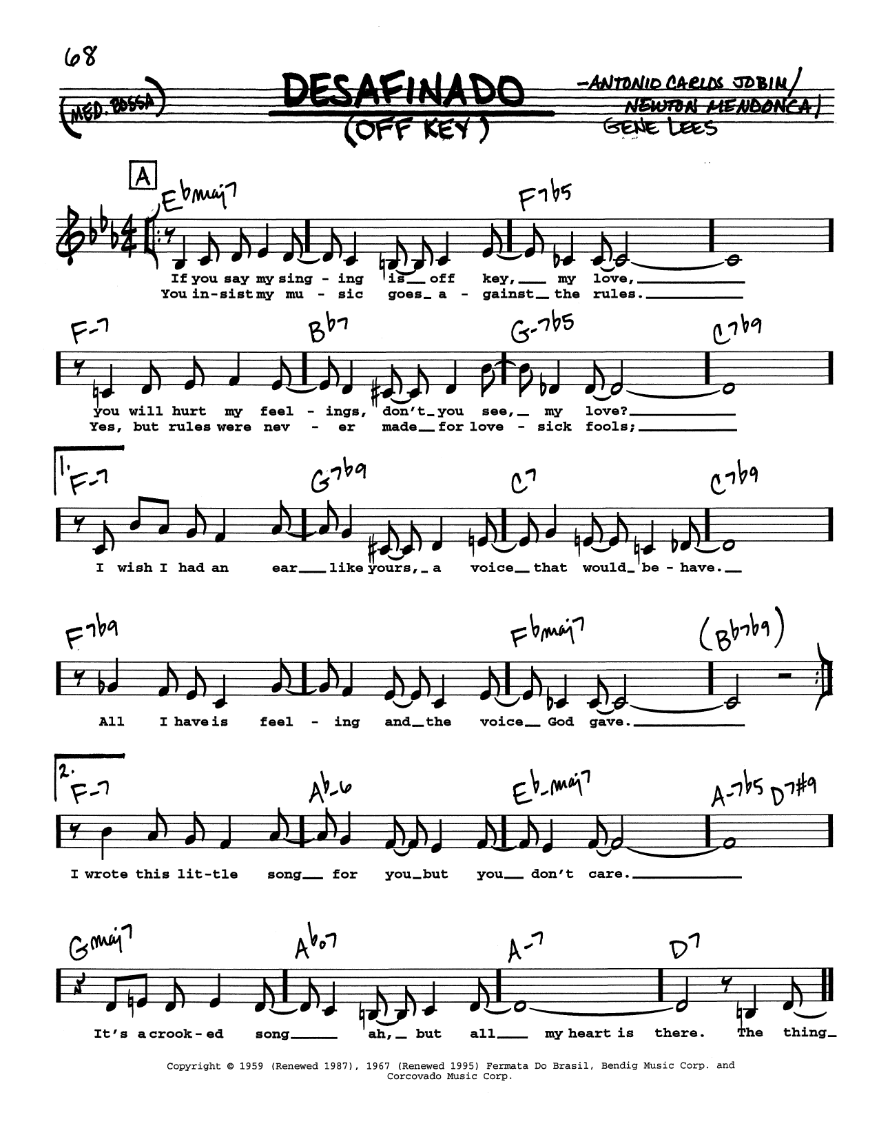 Download Antonio Carlos Jobim Desafinado (Off Key) (Low Voice) Sheet Music and learn how to play Real Book – Melody, Lyrics & Chords PDF digital score in minutes