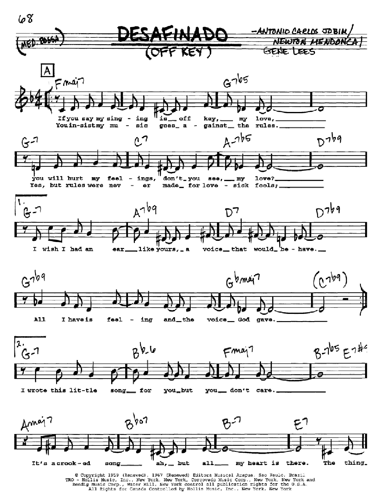 Download Antonio Carlos Jobim Desafinado (Slightly Out Of Tune) Sheet Music and learn how to play Real Book - Melody, Lyrics & Chords - C Instruments PDF digital score in minutes