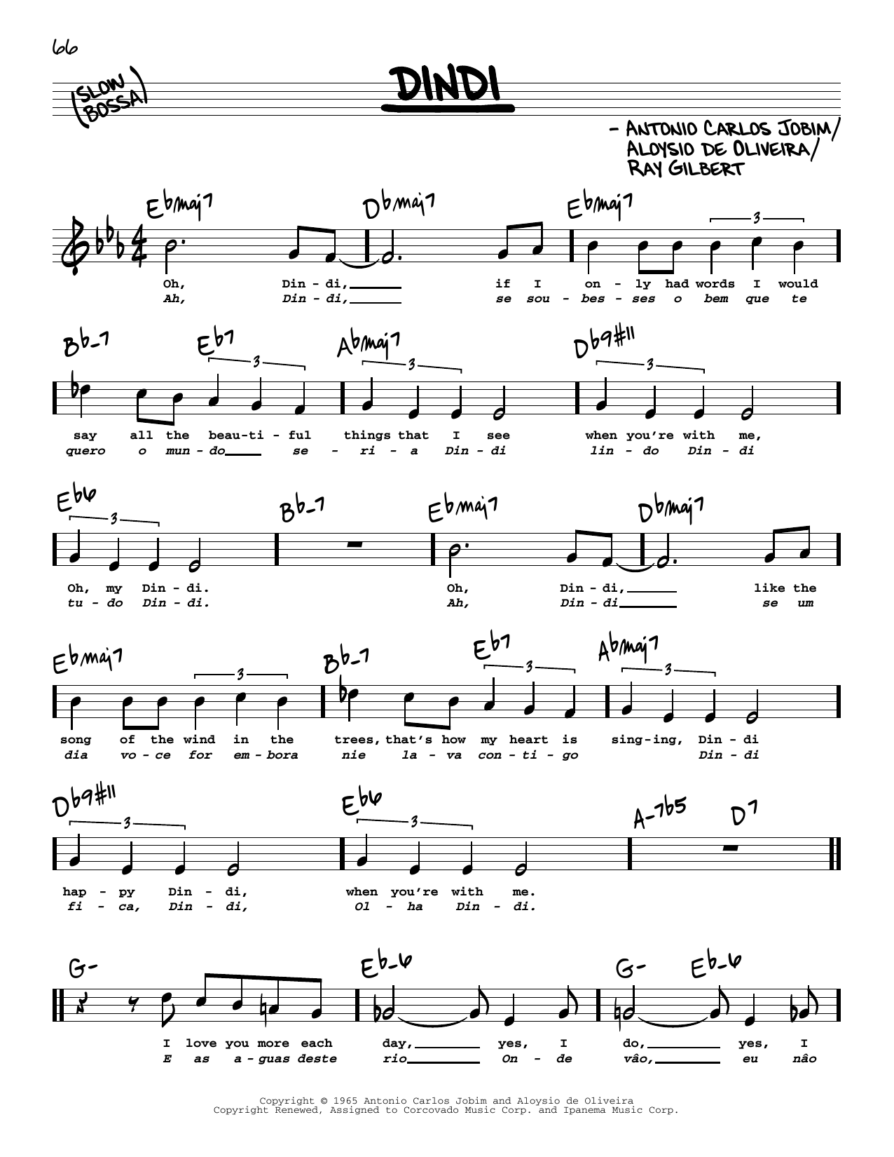 Download Antonio Carlos Jobim Dindi (High Voice) Sheet Music and learn how to play Real Book – Melody, Lyrics & Chords PDF digital score in minutes