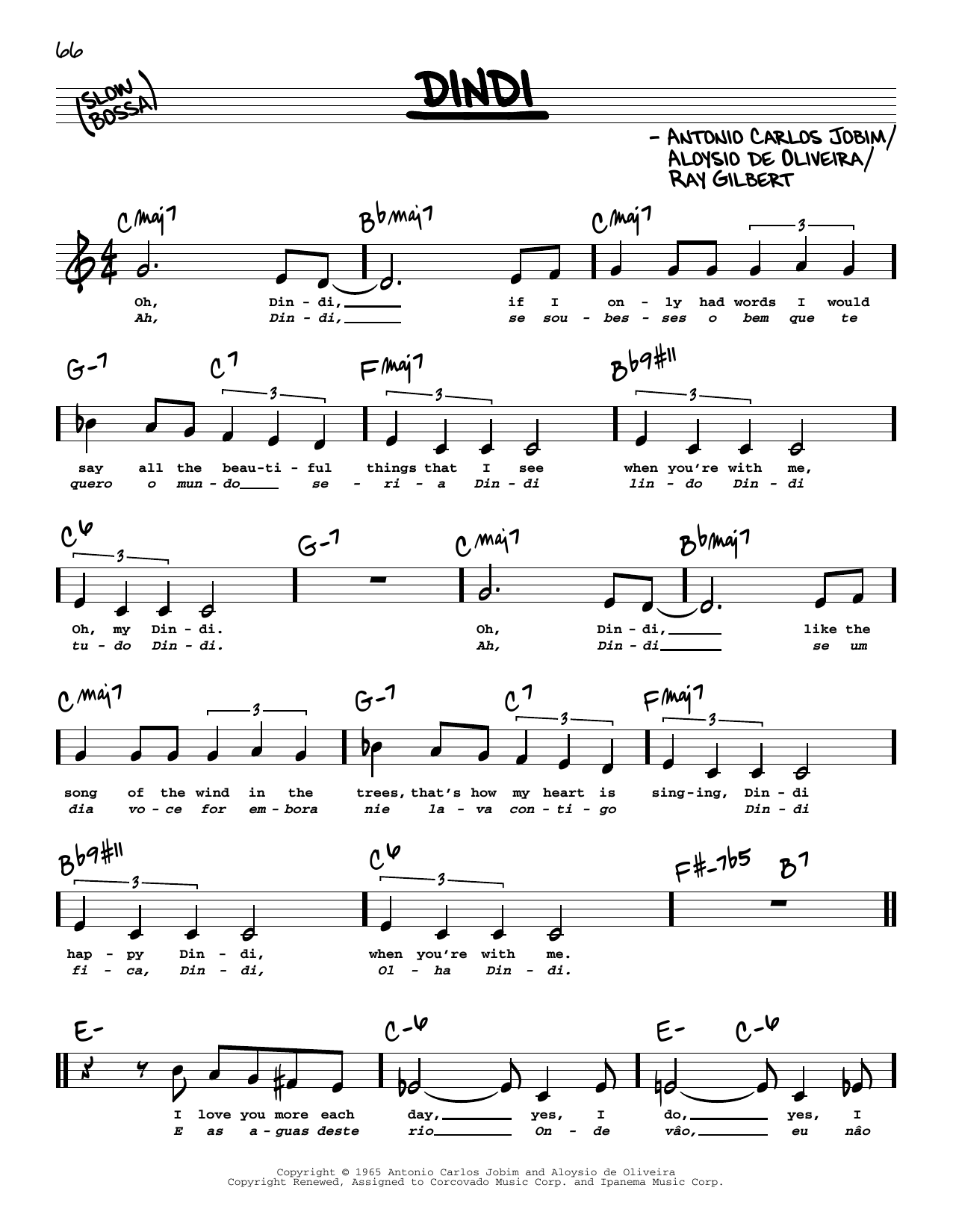 Download Antonio Carlos Jobim Dindi (Low Voice) Sheet Music and learn how to play Real Book – Melody, Lyrics & Chords PDF digital score in minutes