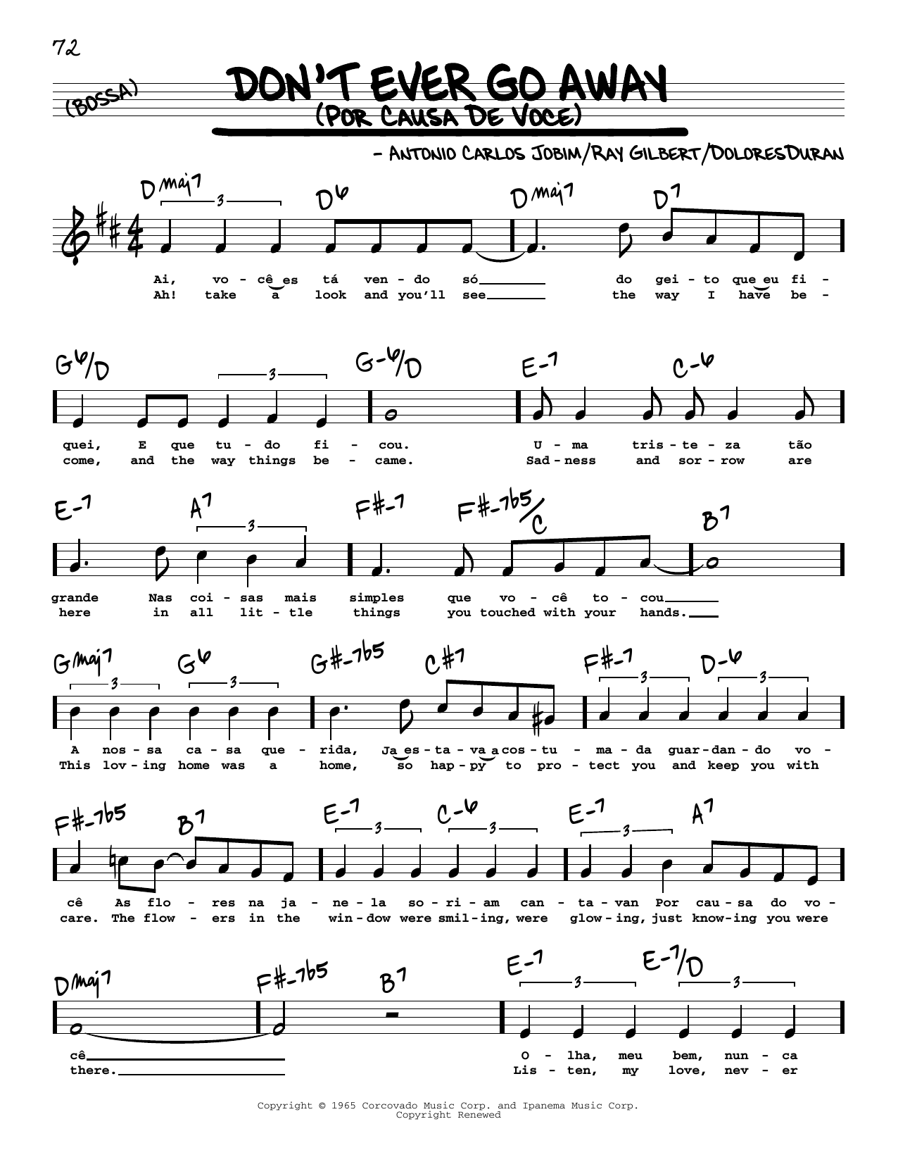 Download Antonio Carlos Jobim Don't Ever Go Away (Por Causa De Voce) (High Voice) Sheet Music and learn how to play Real Book – Melody, Lyrics & Chords PDF digital score in minutes