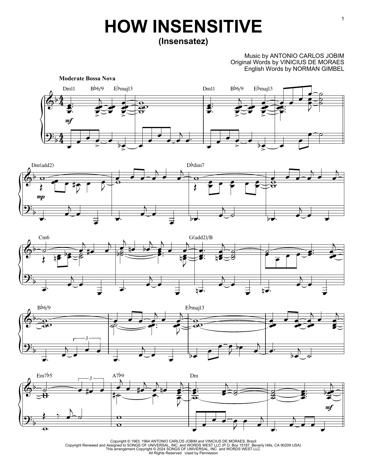 Download Antonio Carlos Jobim How Insensitive (Insensatez) (arr. Brent Edstrom) Sheet Music and learn how to play Piano Solo PDF digital score in minutes