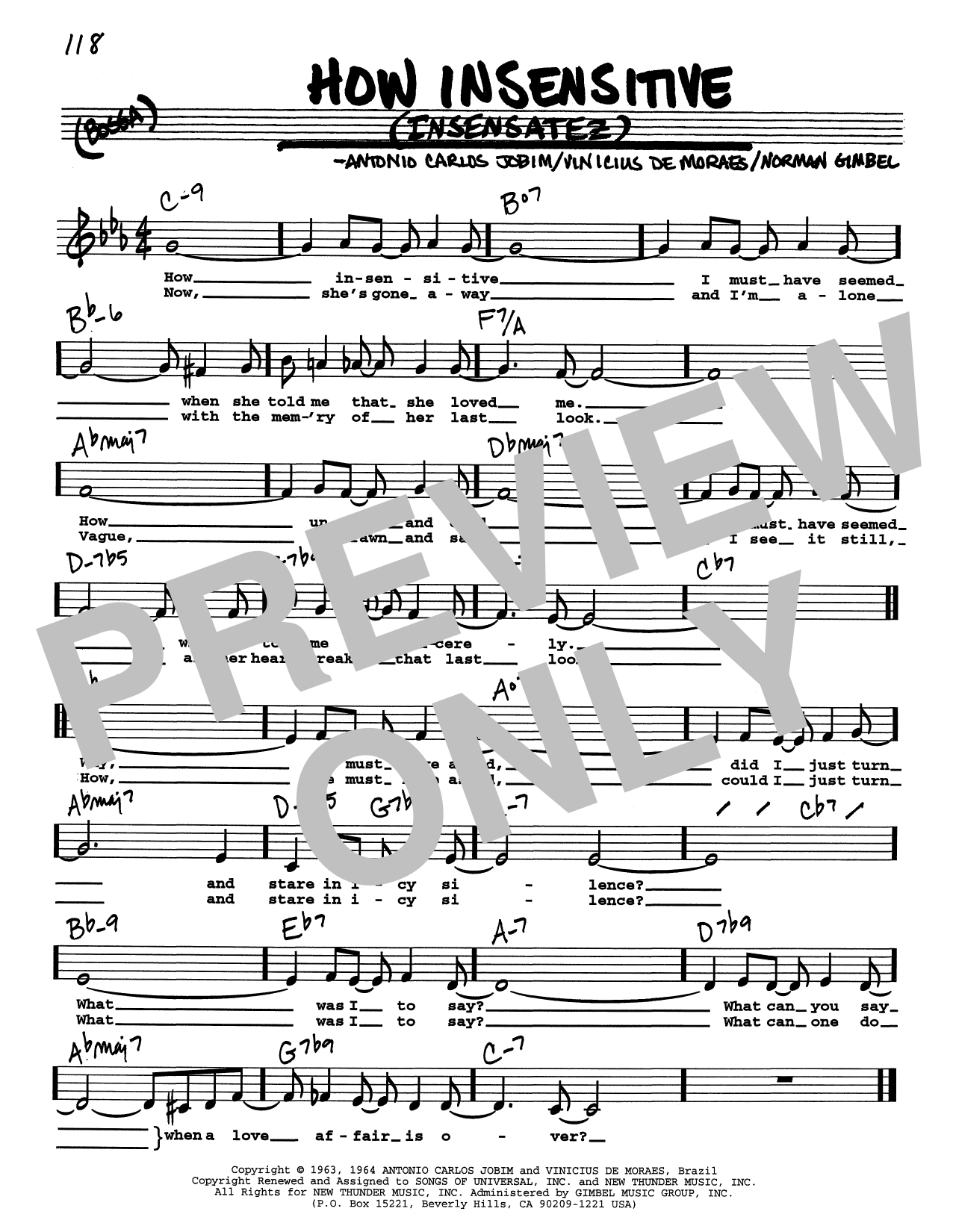 Download Antonio Carlos Jobim How Insensitive (Insensatez) (Low Voice) Sheet Music and learn how to play Real Book – Melody, Lyrics & Chords PDF digital score in minutes