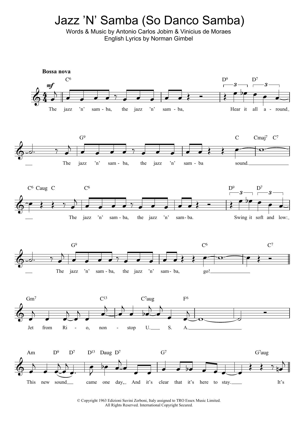 Download Antonio Carlos Jobim Jazz 'n' Samba Sheet Music and learn how to play Melody Line, Lyrics & Chords PDF digital score in minutes