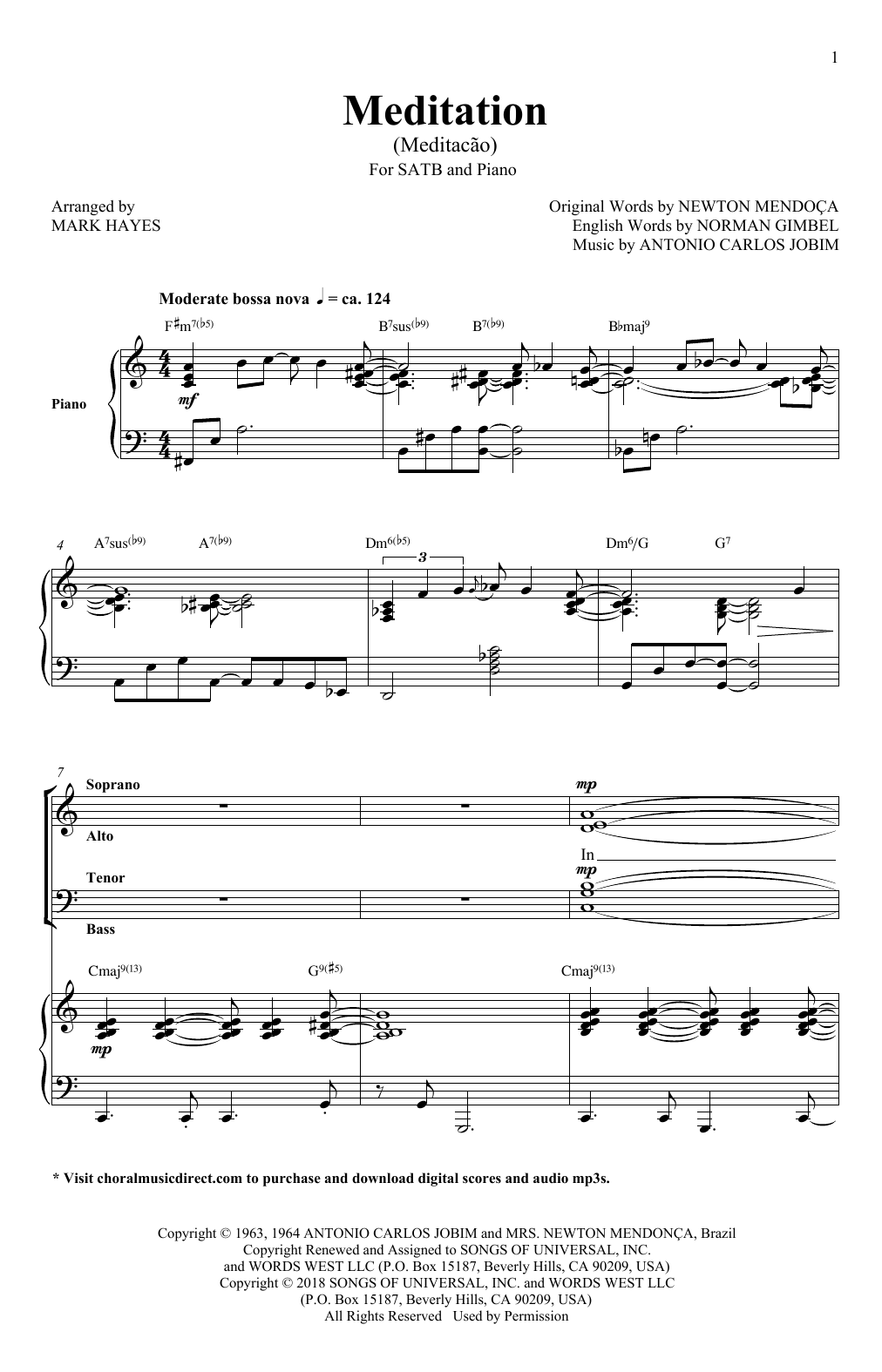 Download Antonio Carlos Jobim Meditation (Meditacao) (arr. Mark Hayes) Sheet Music and learn how to play SATB Choir PDF digital score in minutes