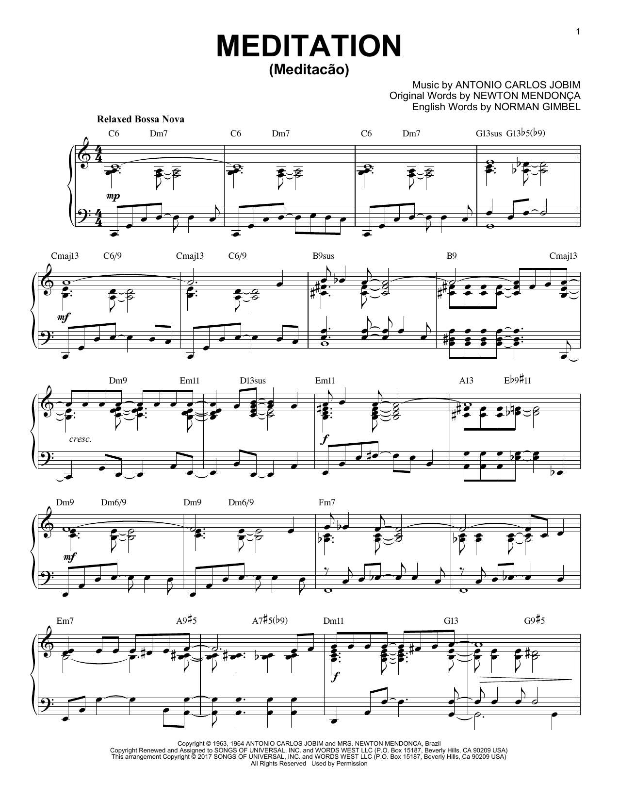 Download Antonio Carlos Jobim Meditation (Meditacao) Sheet Music and learn how to play Piano PDF digital score in minutes