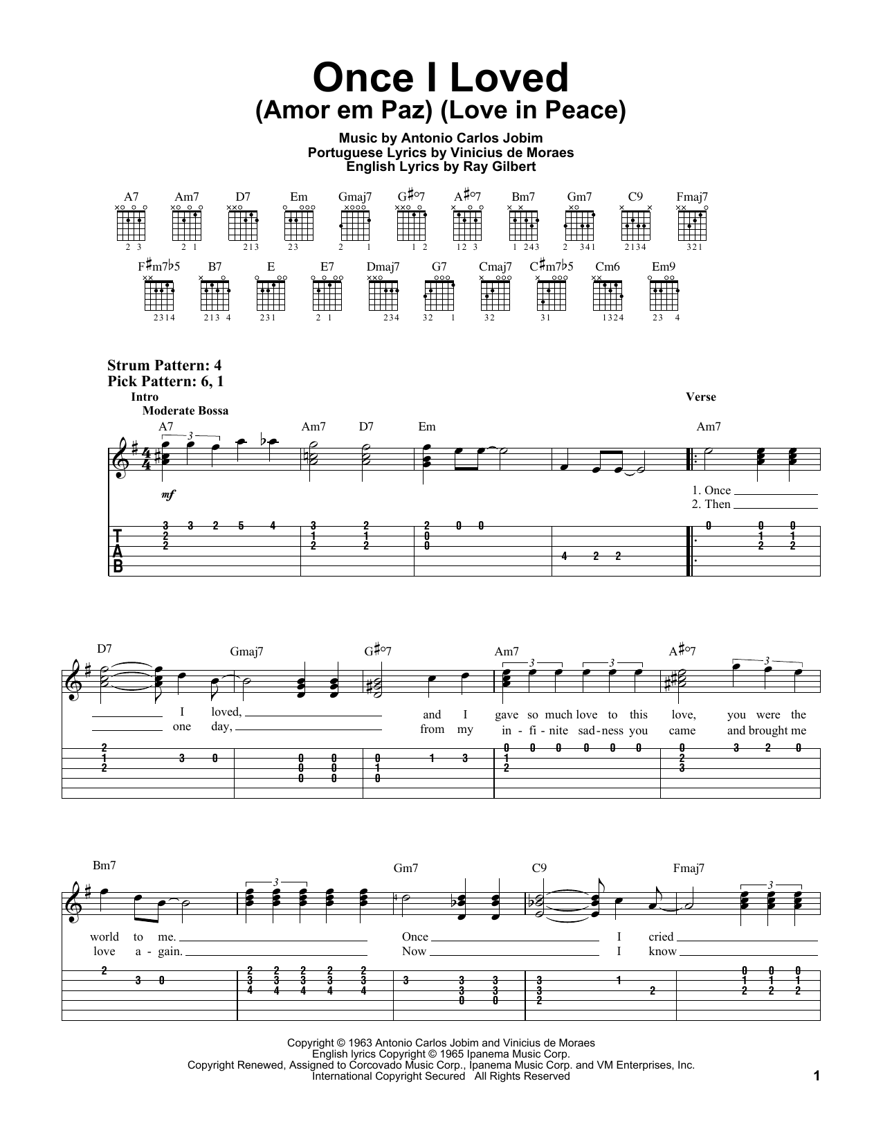 Download Antonio Carlos Jobim Once I Loved (Amor Em Paz) (Love In Peace) Sheet Music and learn how to play Easy Guitar Tab PDF digital score in minutes