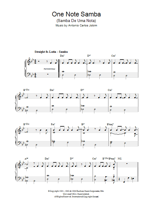 Download Antonio Carlos Jobim One Note Samba (Samba De Uma Nota) Sheet Music and learn how to play Beginner Piano PDF digital score in minutes