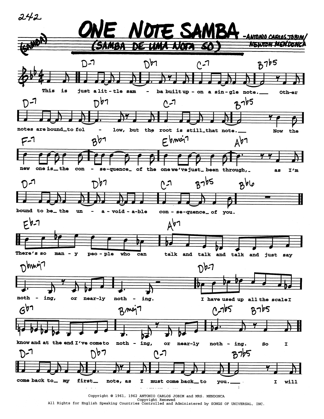 Download Antonio Carlos Jobim One Note Samba (Samba De Uma Nota So) (Low Voice) Sheet Music and learn how to play Real Book – Melody, Lyrics & Chords PDF digital score in minutes