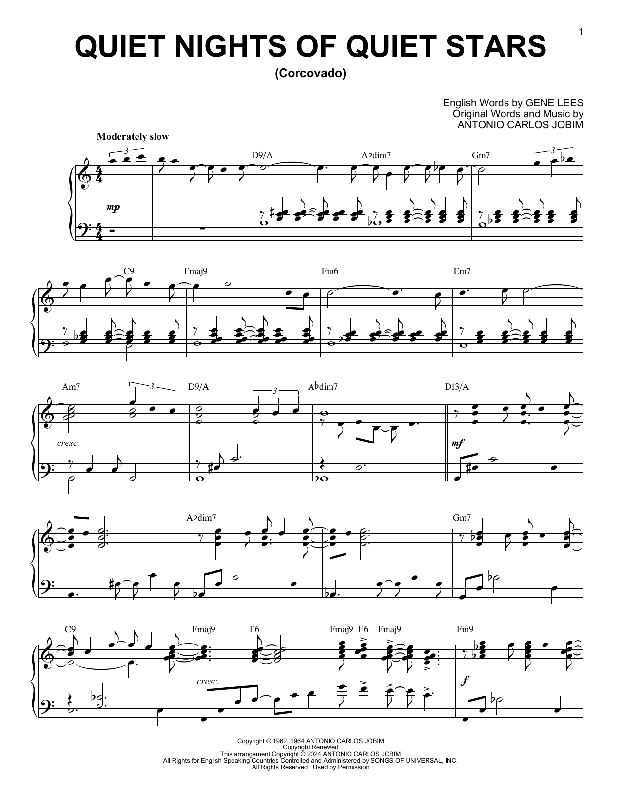 Download Antonio Carlos Jobim Quiet Nights Of Quiet Stars (Corcovado) (arr. Brent Edstrom) Sheet Music and learn how to play Piano Solo PDF digital score in minutes