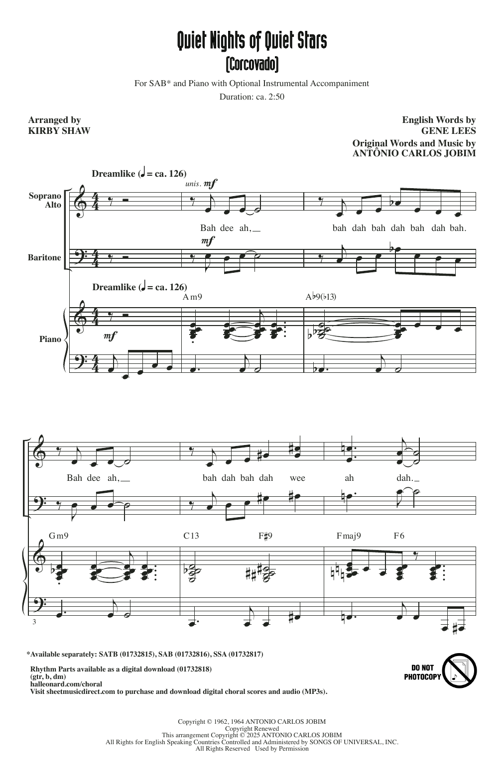 Download Antonio Carlos Jobim Quiet Nights Of Quiet Stars (Corcovado) (arr. Kirby Shaw) Sheet Music and learn how to play SAB Choir PDF digital score in minutes