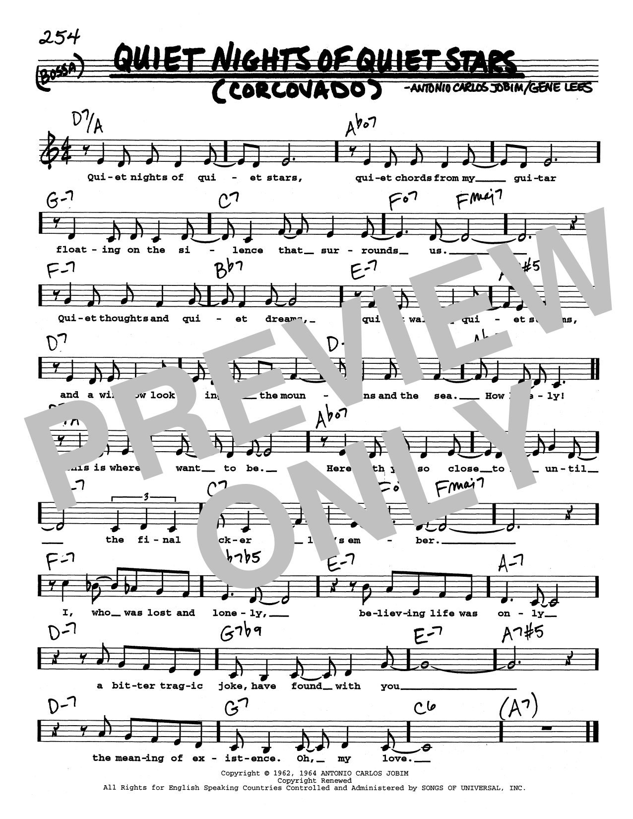 Download Antonio Carlos Jobim Quiet Nights Of Quiet Stars (Corcovado) (Low Voice) Sheet Music and learn how to play Real Book – Melody, Lyrics & Chords PDF digital score in minutes