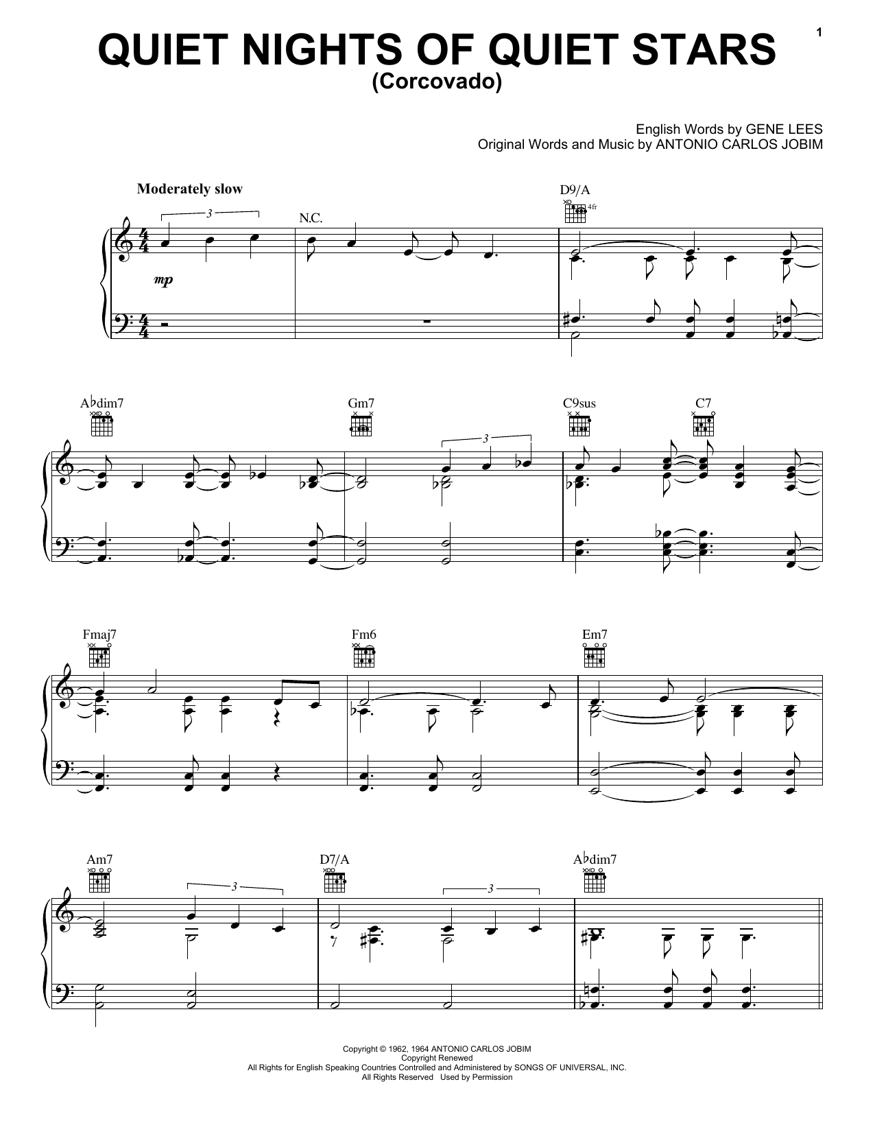 Download Antonio Carlos Jobim Quiet Nights Of Quiet Stars (Corcovado) Sheet Music and learn how to play Melody Line, Lyrics & Chords PDF digital score in minutes