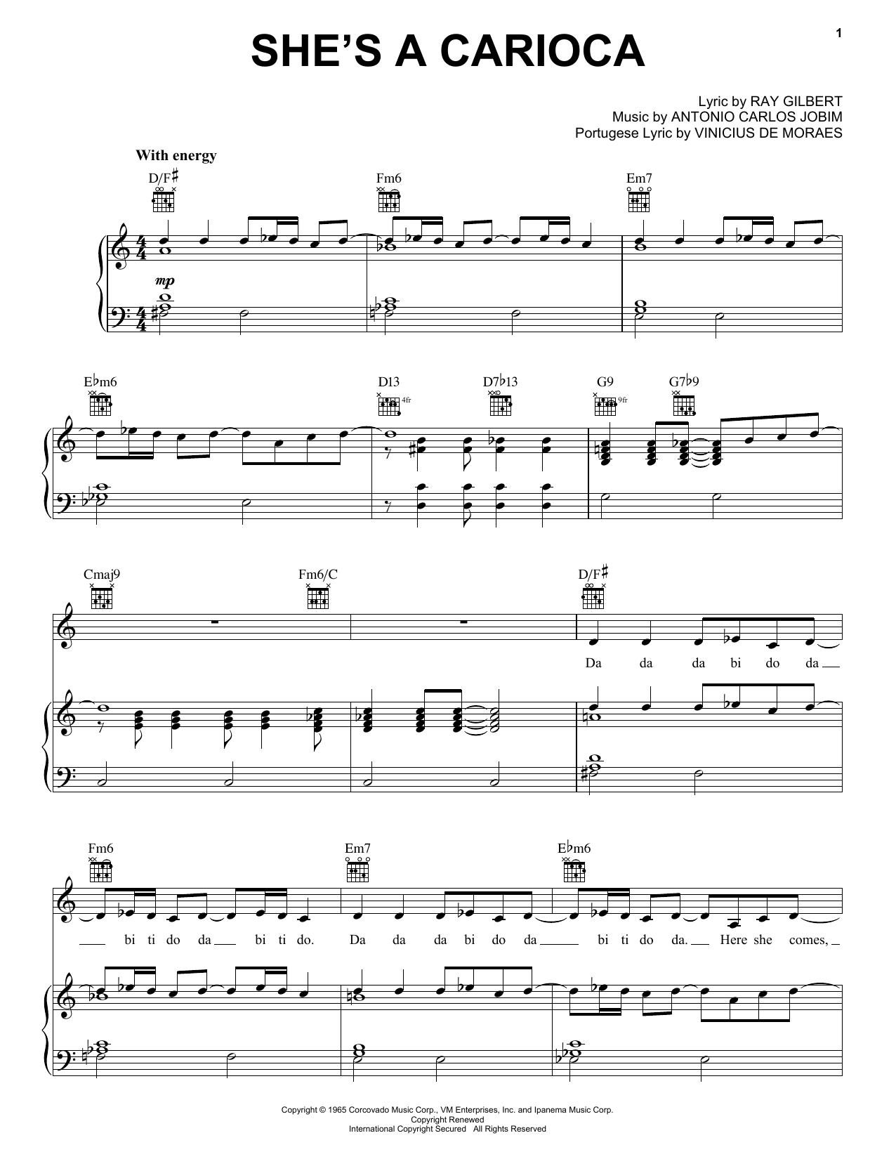 Download Antonio Carlos Jobim She's A Carioca Sheet Music and learn how to play Piano, Vocal & Guitar Chords (Right-Hand Melody) PDF digital score in minutes