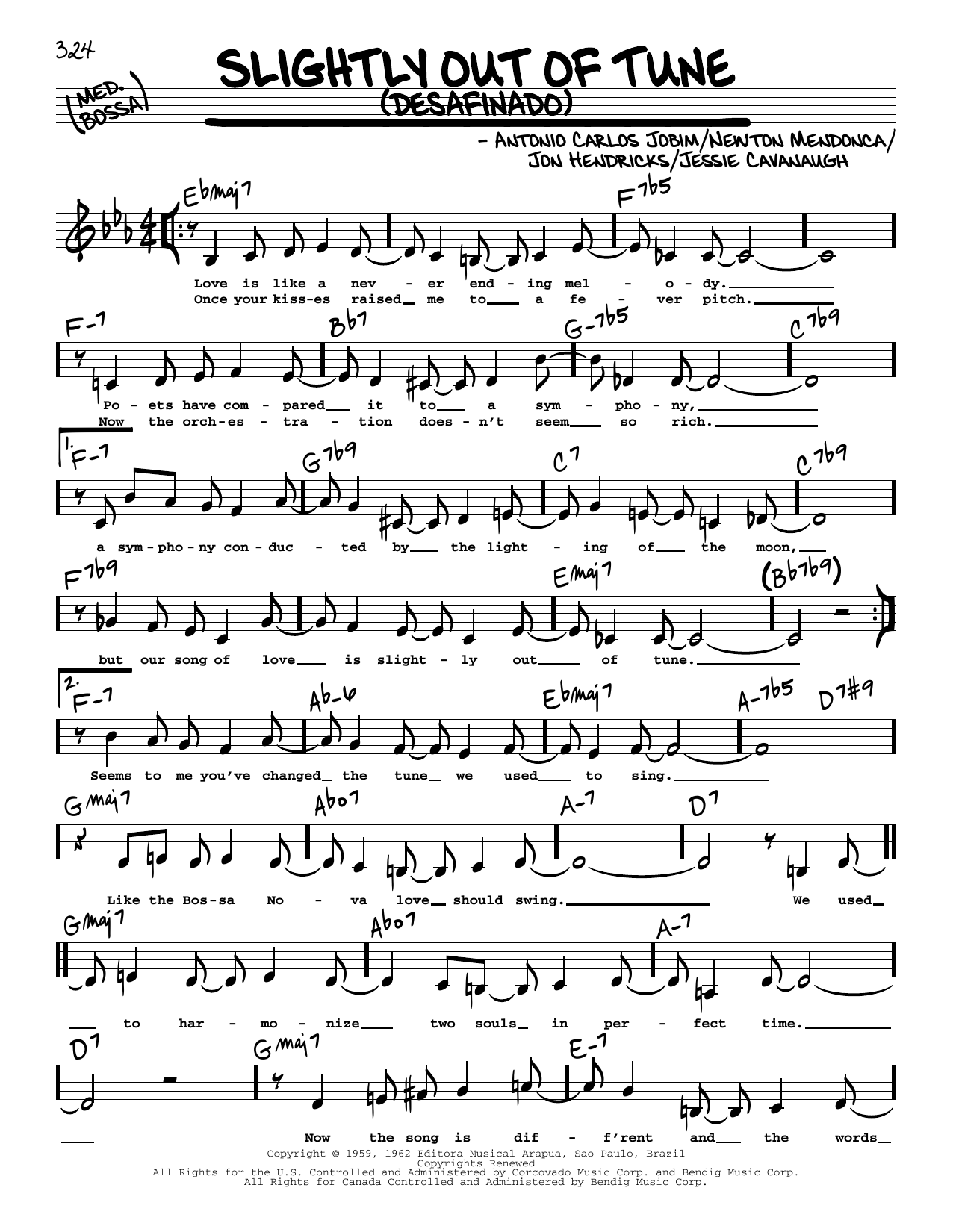 Download Antonio Carlos Jobim Slightly Out Of Tune (Desafinado) (Low Voice) Sheet Music and learn how to play Real Book – Melody, Lyrics & Chords PDF digital score in minutes